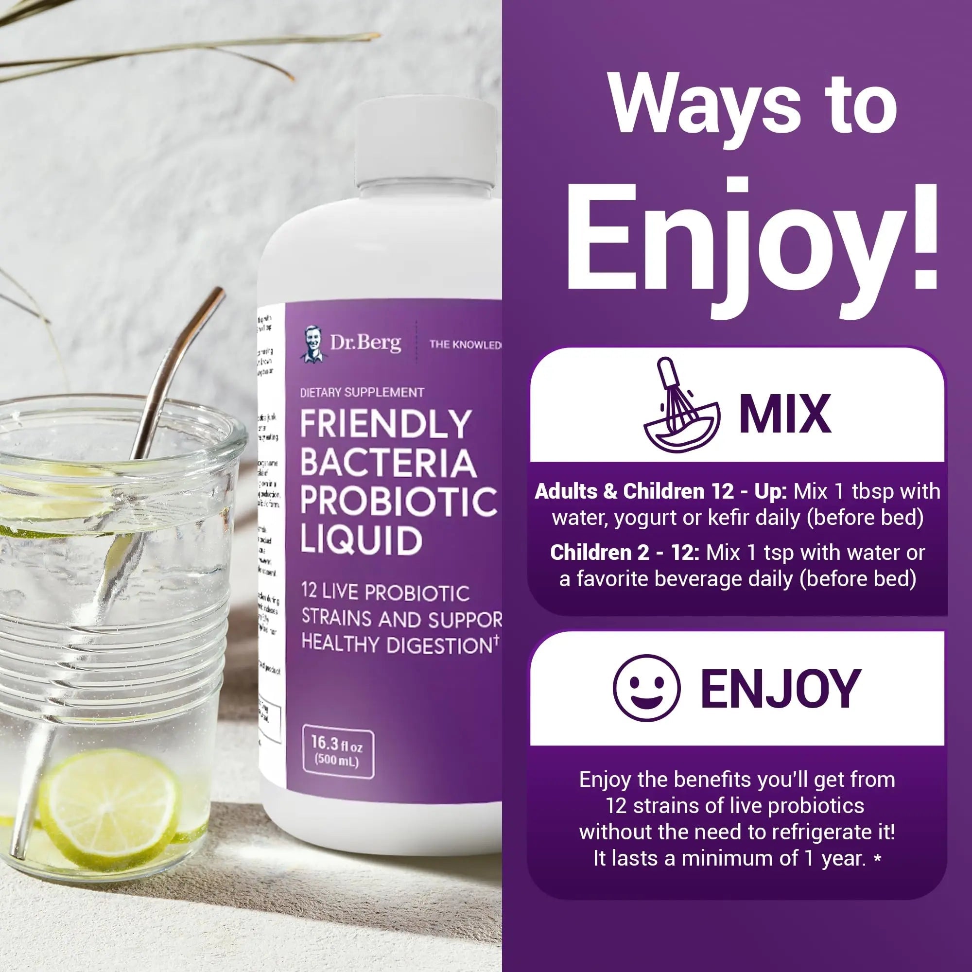 Dr. Berg's Friendly Probiotic Liquid Supplement Drink Mix w/ 12 Live Probiotics Strains - TrustMedUSA