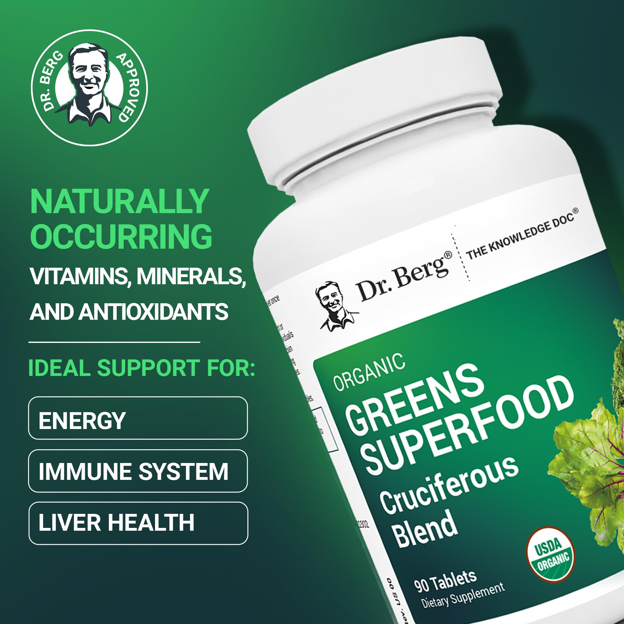 Dr. Berg's Greens Superfood Cruciferous Vegetable Tablets - Vegetable Supplements for Adults w/ 11 Phytonutrient Super Greens - Energy, Immune System & Liver Veggie Tablets - 90 Tablet - TrustMedUSA