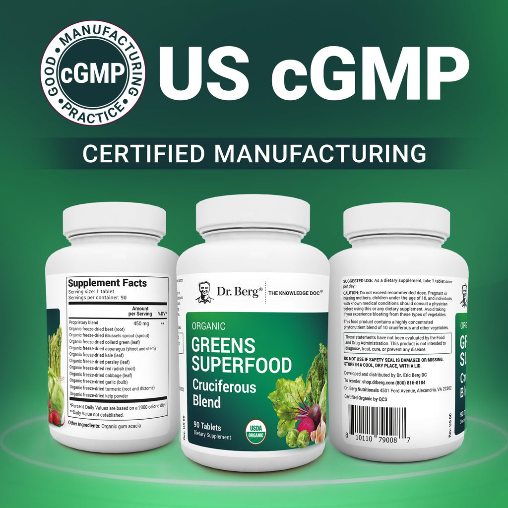 Dr. Berg's Greens Superfood Cruciferous Vegetable Tablets - Vegetable Supplements for Adults w/ 11 Phytonutrient Super Greens - Energy, Immune System & Liver Veggie Tablets - 90 Tablet - TrustMedUSA
