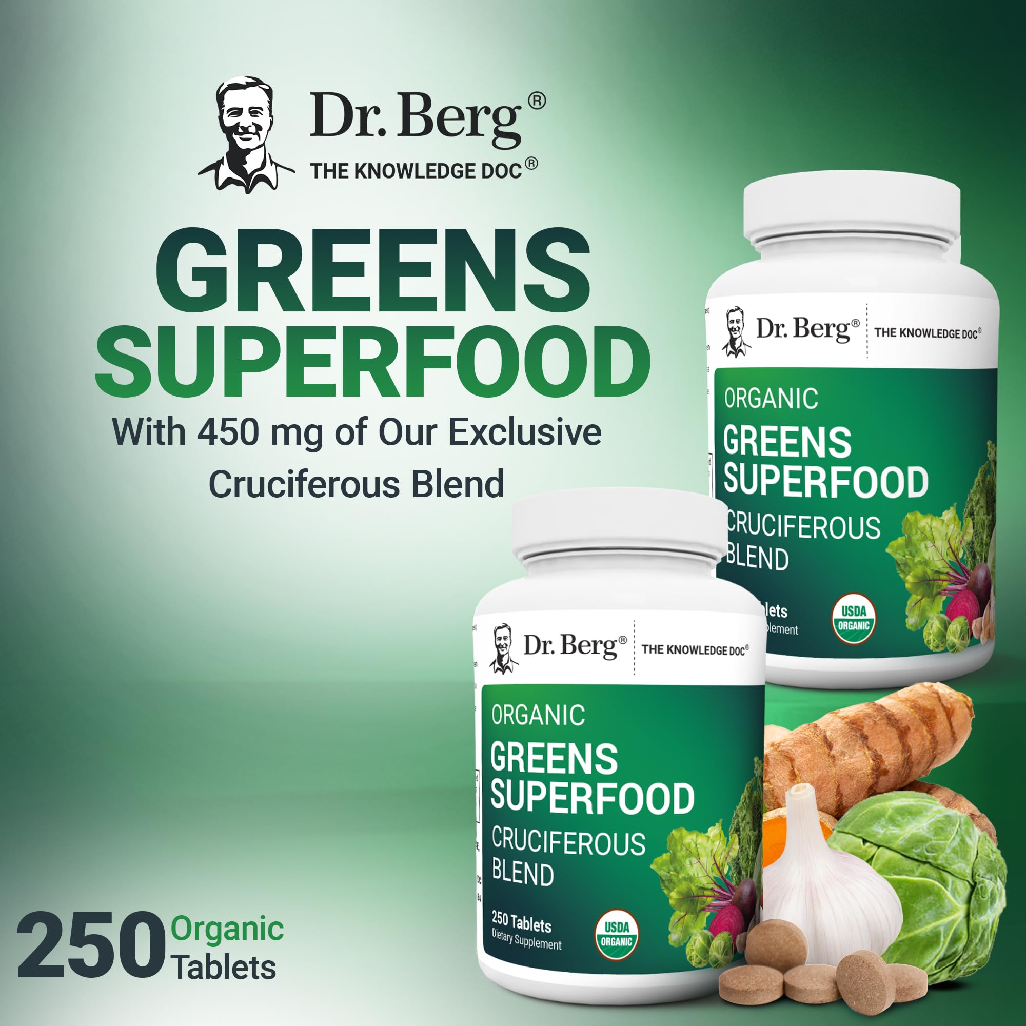 Dr. Berg's Greens Superfood Cruciferous Vegetable Tablets - Vegetable Supplements for Adults w/ 11 Phytonutrient Super Greens Tablets - Energy, Immune System & Liver Veggie Tablets - 250 Tablets - TrustMedUSA
