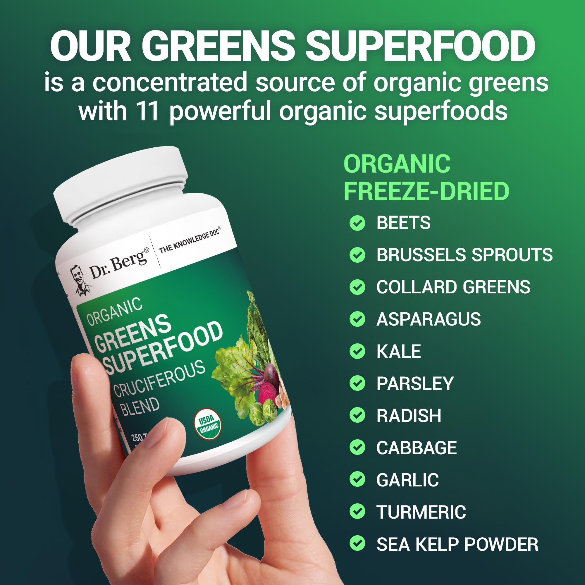 Dr. Berg's Greens Superfood Cruciferous Vegetable Tablets - Vegetable Supplements for Adults w/ 11 Phytonutrient Super Greens Tablets - Energy, Immune System & Liver Veggie Tablets - 250 Tablets - TrustMedUSA