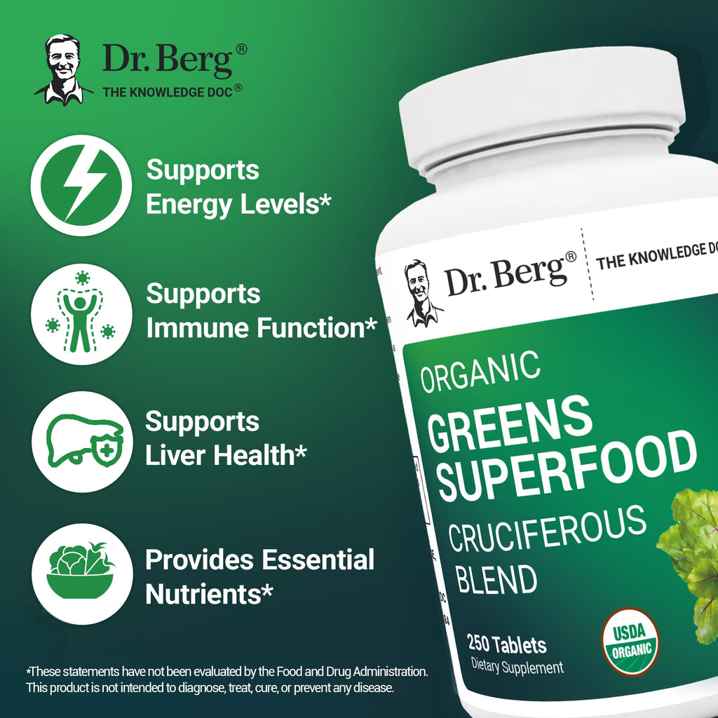 Dr. Berg's Greens Superfood Cruciferous Vegetable Tablets - Vegetable Supplements for Adults w/ 11 Phytonutrient Super Greens Tablets - Energy, Immune System & Liver Veggie Tablets - 250 Tablets - TrustMedUSA