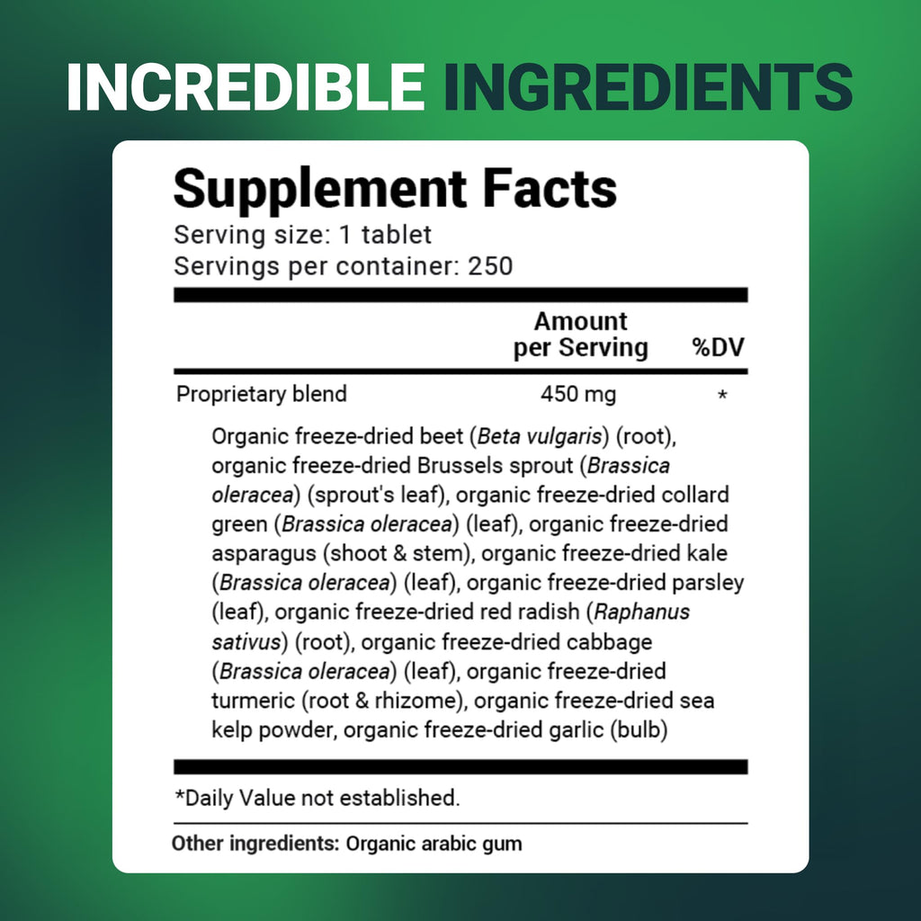 Dr. Berg's Greens Superfood Cruciferous Vegetable Tablets - Vegetable Supplements for Adults w/ 11 Phytonutrient Super Greens Tablets - Energy, Immune System & Liver Veggie Tablets - 250 Tablets - TrustMedUSA