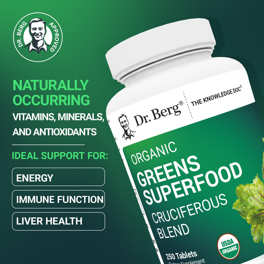 Dr. Berg's Greens Superfood Cruciferous Vegetable Tablets - Vegetable Supplements for Adults w/ 11 Phytonutrient Super Greens Tablets - Energy, Immune System & Liver Veggie Tablets - 250 Tablets - TrustMedUSA
