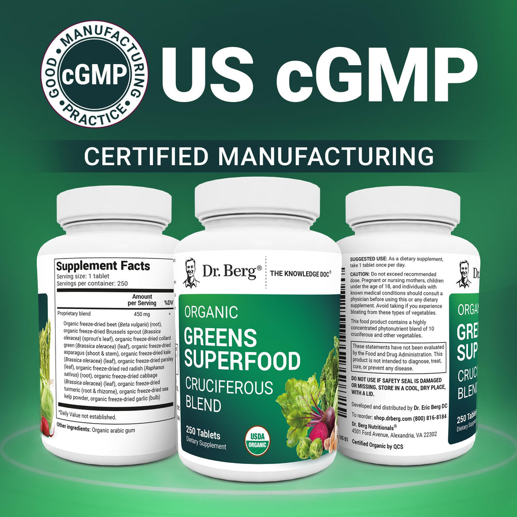 Dr. Berg's Greens Superfood Cruciferous Vegetable Tablets - Vegetable Supplements for Adults w/ 11 Phytonutrient Super Greens Tablets - Energy, Immune System & Liver Veggie Tablets - 250 Tablets - TrustMedUSA