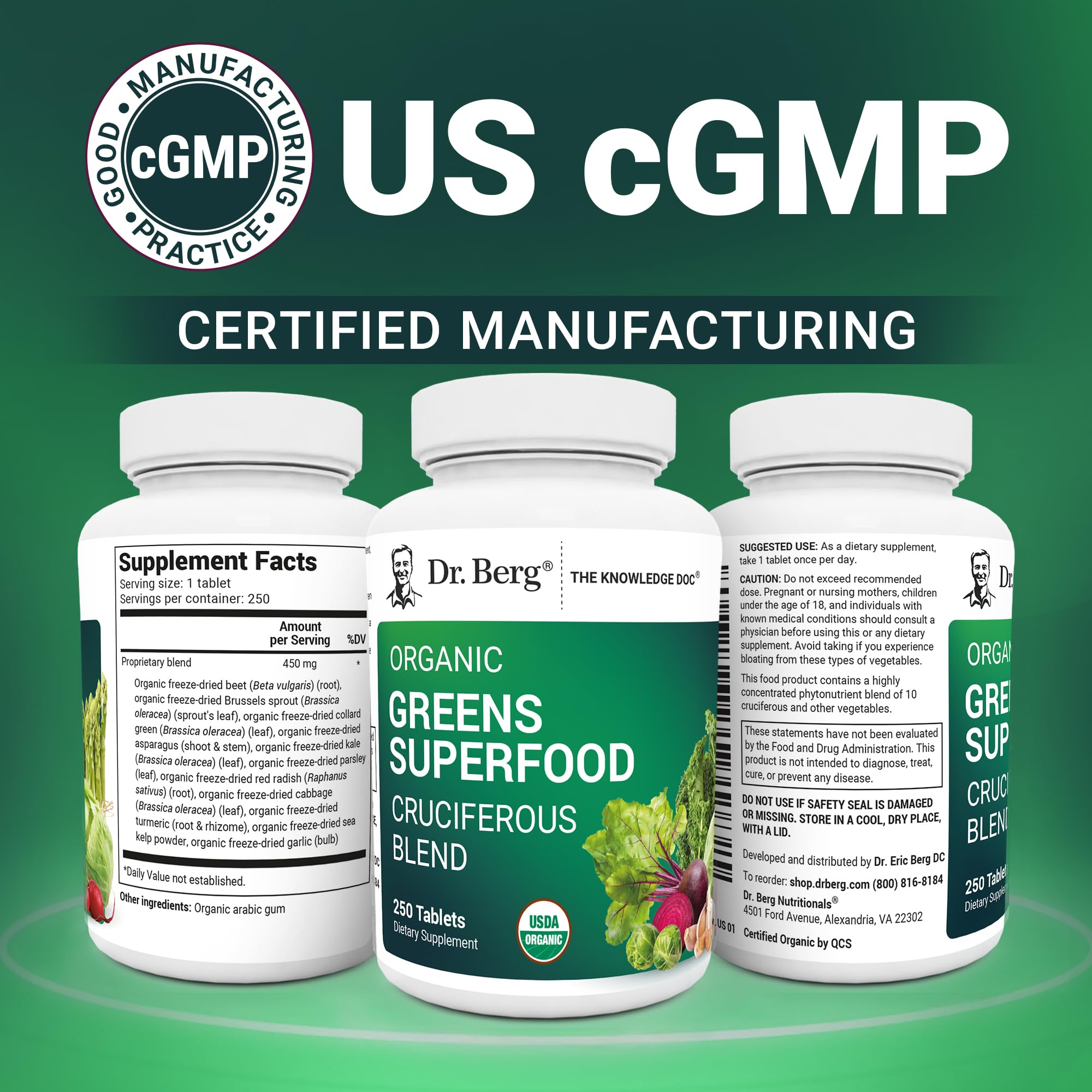 Dr. Berg's Greens Superfood Cruciferous Vegetable Tablets - Vegetable Supplements for Adults w/ 11 Phytonutrient Super Greens Tablets - Energy, Immune System & Liver Veggie Tablets - 250 Tablets - TrustMedUSA