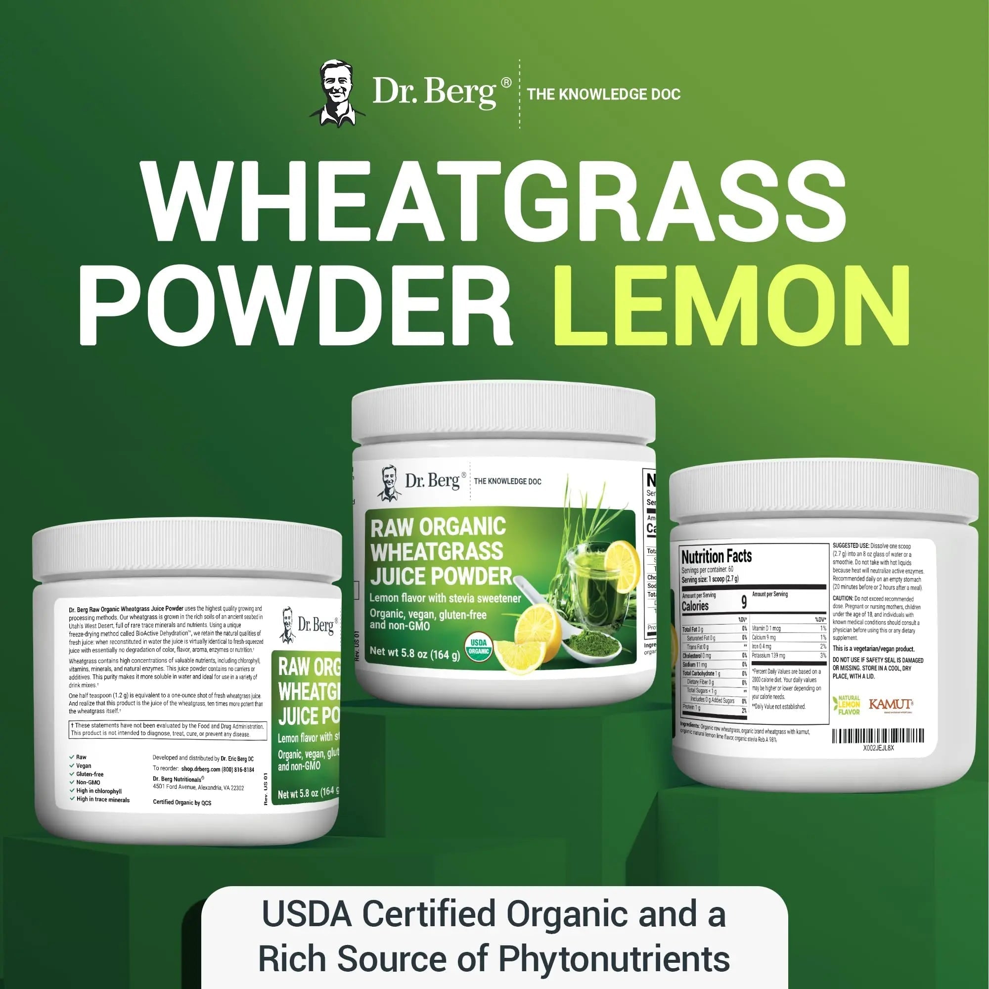 Dr. Berg's Raw Wheatgrass Juice Powder (60 Servings) - USDA Certified Organic - TrustMedUSA