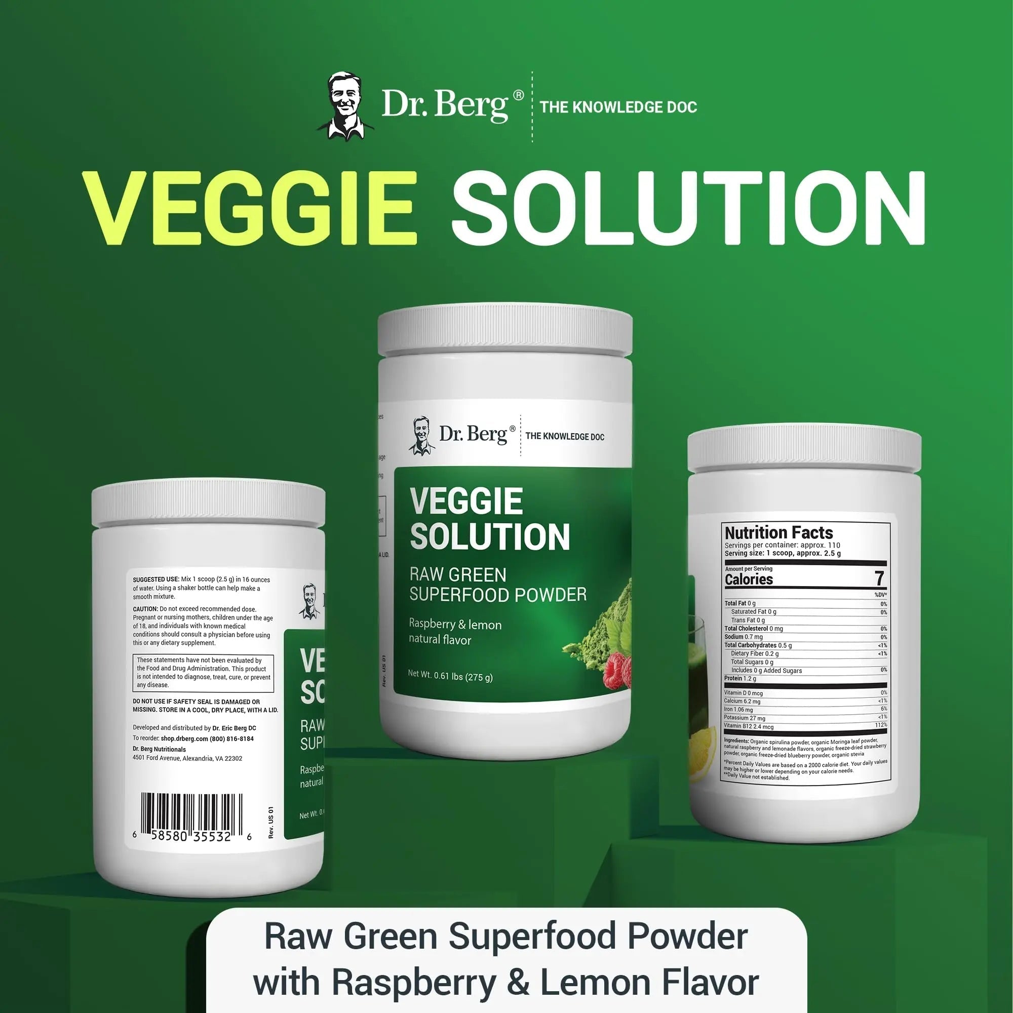 Dr. Berg's (Veggie Solution) Organic Super Greens Powder w/Spirulina - Raw Green - TrustMedUSA