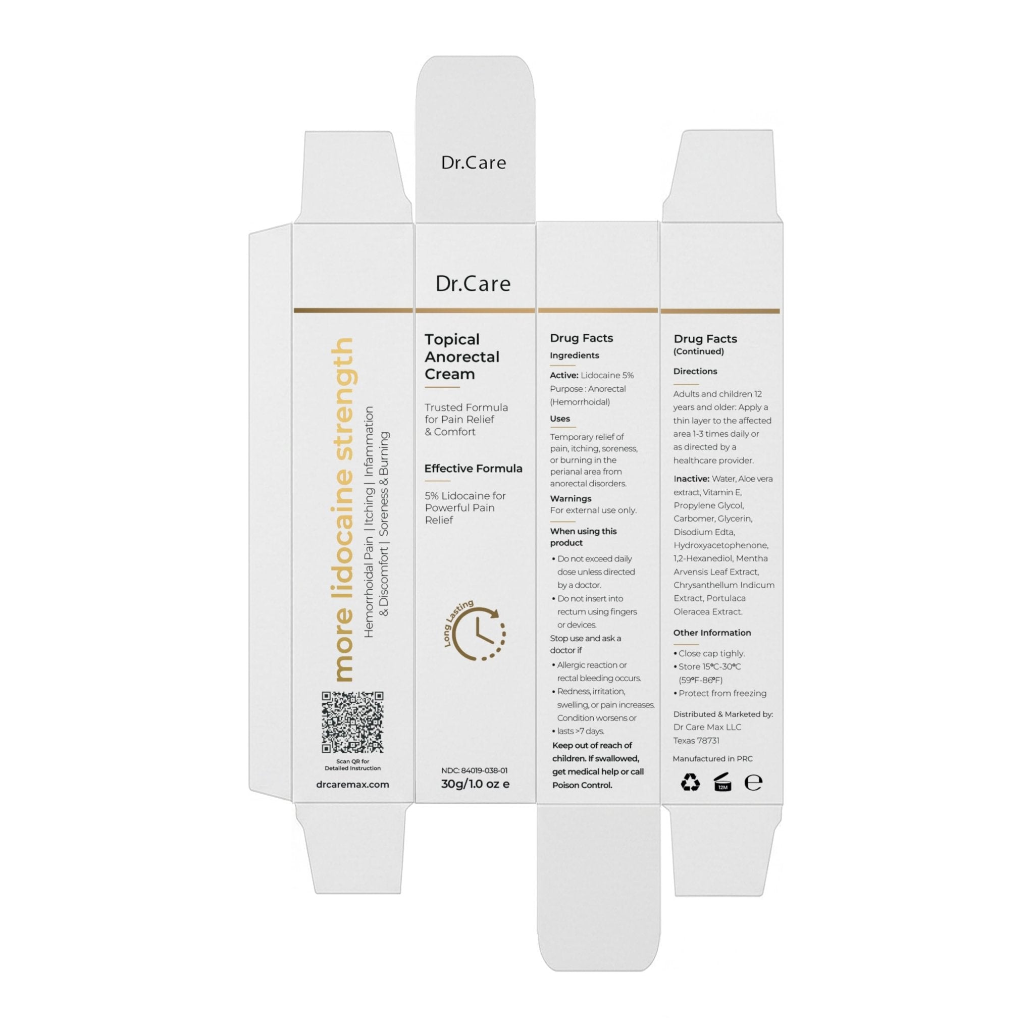 Dr Care Anorectal Cream with 5% Lidocaine - Maximum Strength Topical Anesthetic for Hemorrhoid Relief, Itching, & Burning (1.0 oz) - TrustMedUSA