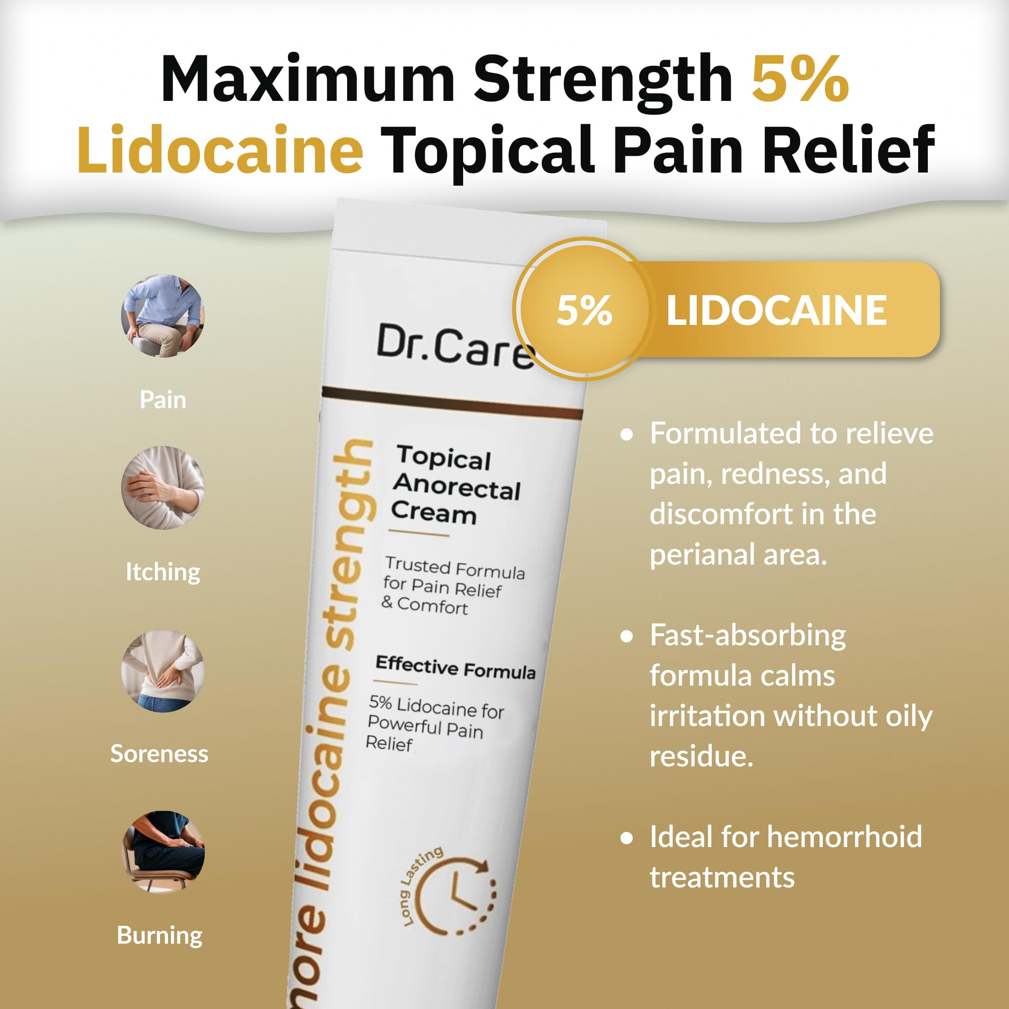 Dr Care Anorectal Cream with 5% Lidocaine - Maximum Strength Topical Anesthetic for Hemorrhoid Relief, Itching, & Burning (1.0 oz) - TrustMedUSA
