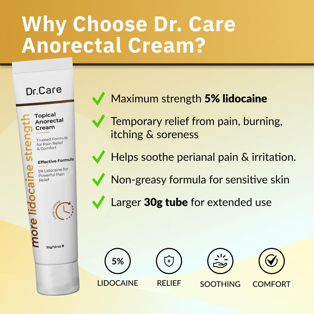 Dr Care Anorectal Cream with 5% Lidocaine - Maximum Strength Topical Anesthetic for Hemorrhoid Relief, Itching, & Burning (1.0 oz) - TrustMedUSA