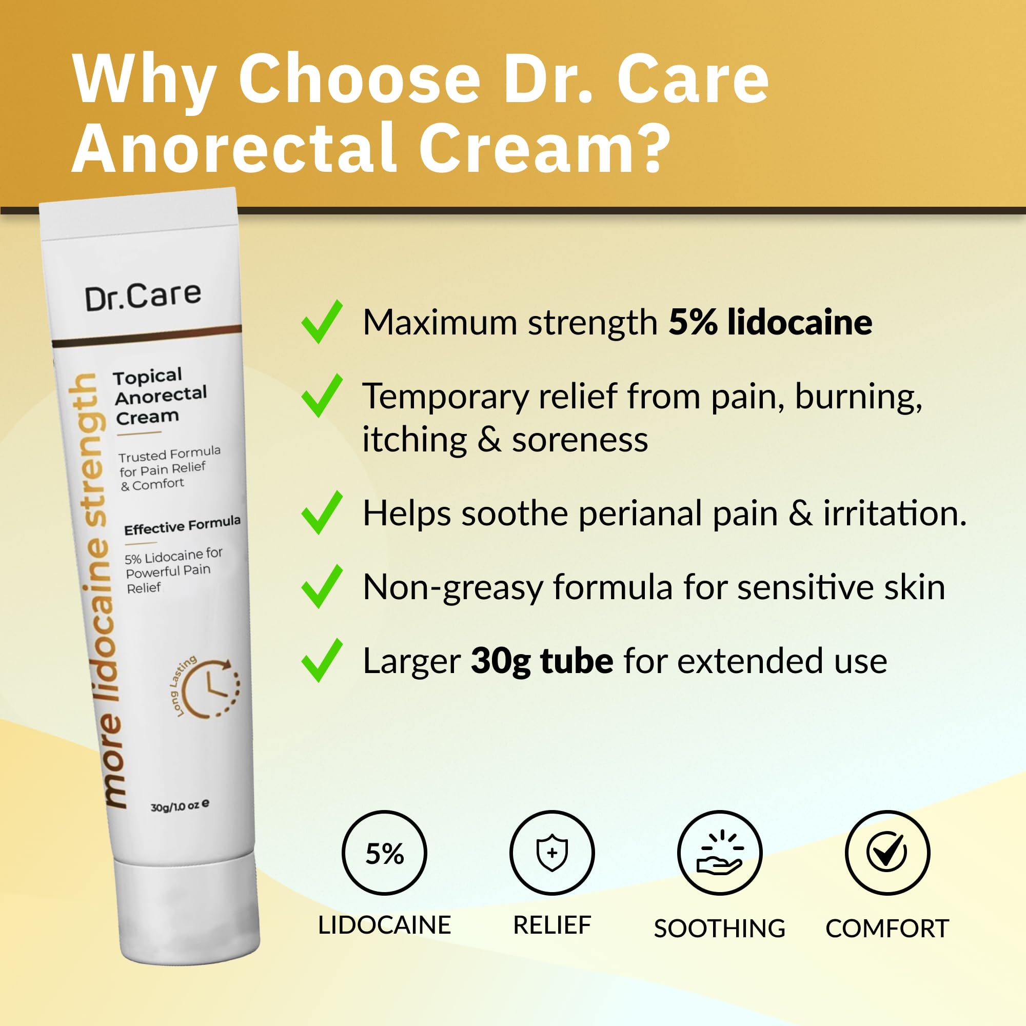 Dr Care Anorectal Cream with 5% Lidocaine - Maximum Strength Topical Anesthetic for Hemorrhoid Relief, Itching, & Burning (1.0 oz) - TrustMedUSA