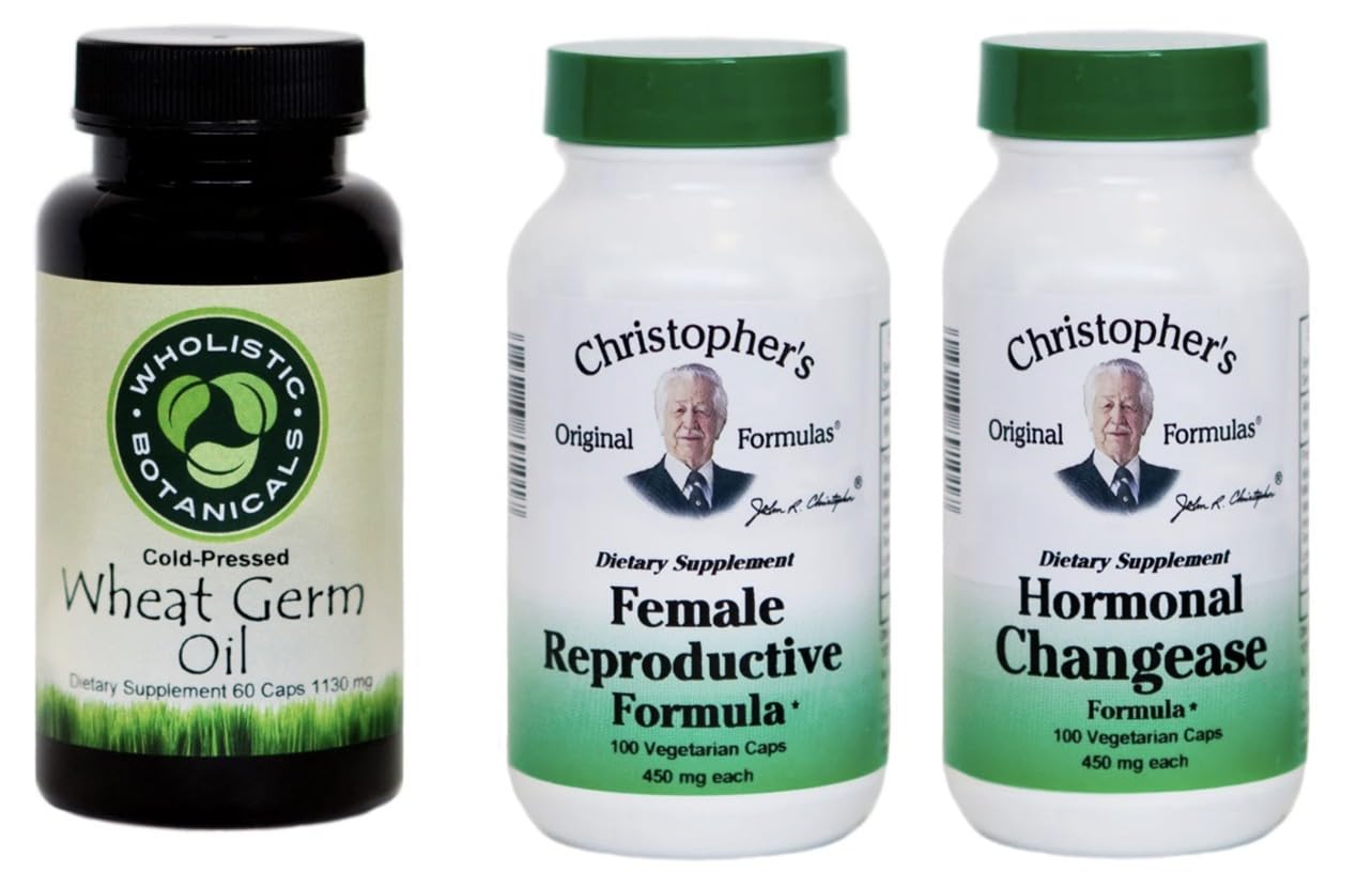 Dr. Christopher’s Female Health Bundle | Female Reproductive, Hormonal Changease & Wheat Germ Oil | 3-Bottle Herbal Support Pack | 100 Veg Capsules Each | USDA Organic Dietary Supplements - TrustMedUSA