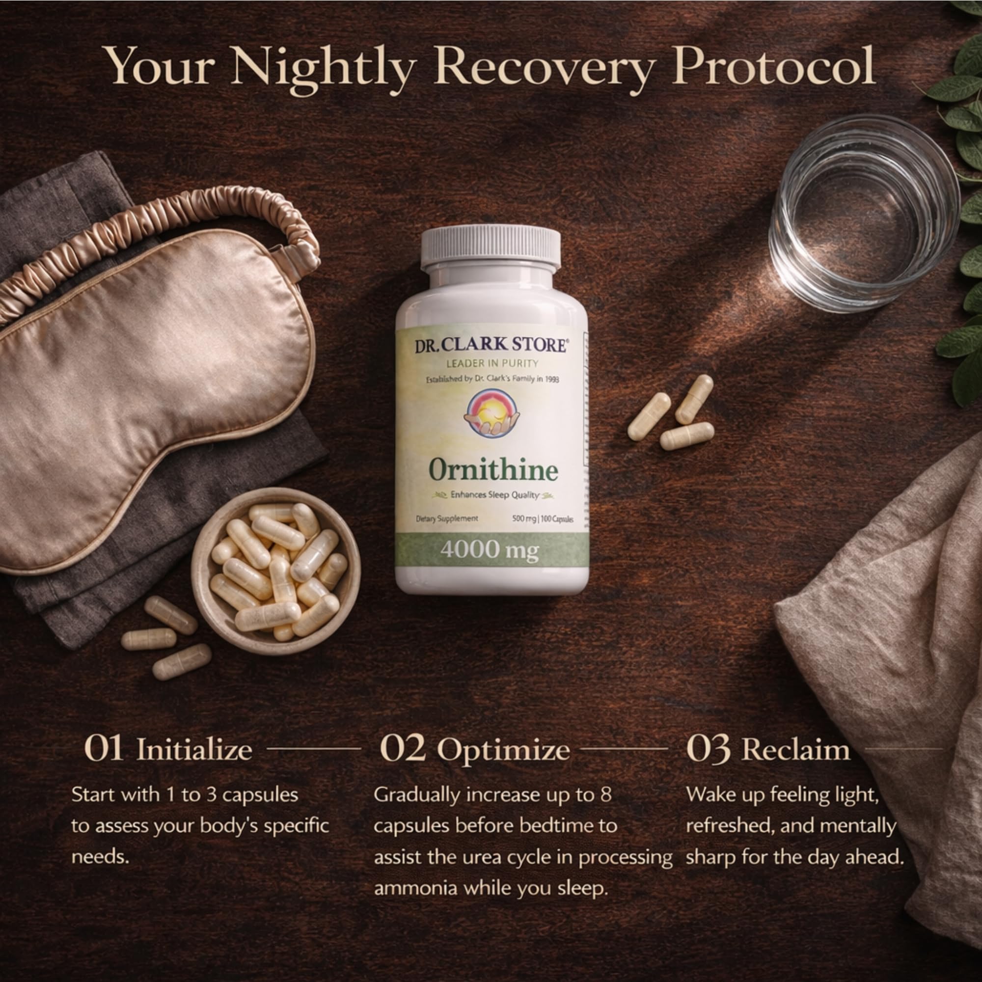 Dr Clark Ornithine Dietary Supplement - Gluten Free, Natural Sleep Aid, Promotes Protein Metabolism, Cleansing and Detoxification, 500mg, 100 Gelatin Capsules - TrustMedUSA