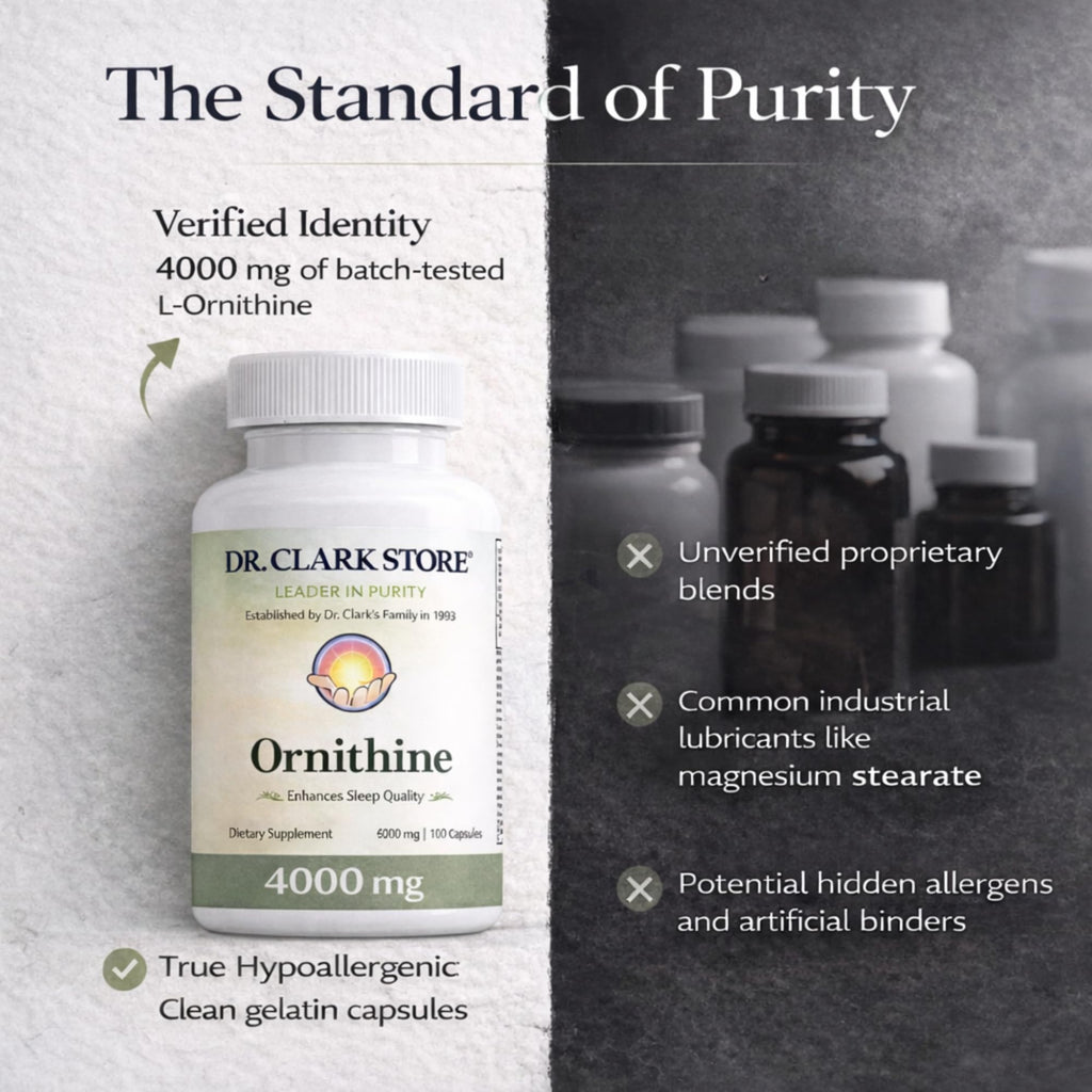Dr Clark Ornithine Dietary Supplement - Gluten Free, Natural Sleep Aid, Promotes Protein Metabolism, Cleansing and Detoxification, 500mg, 100 Gelatin Capsules - TrustMedUSA