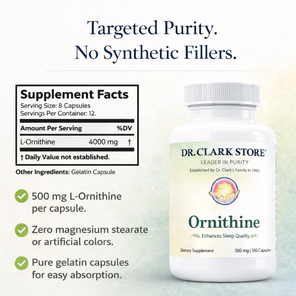 Dr Clark Ornithine Dietary Supplement - Gluten Free, Natural Sleep Aid, Promotes Protein Metabolism, Cleansing and Detoxification, 500mg, 100 Gelatin Capsules - TrustMedUSA