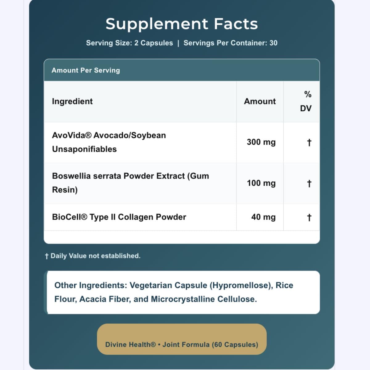 Dr. Colbert, MD Joint Formula | by Divine Health | Joint Health | AvoVida | Boswellia | 60 Capsules | 30 Servings - TrustMedUSA