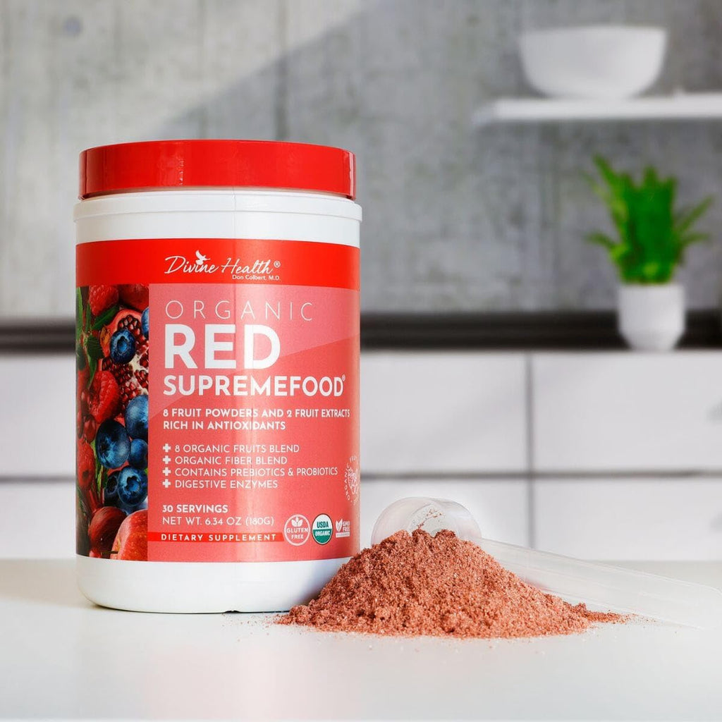Dr. Colbert, MD Organic Red Supremefood | Berry Flavored Blend | by Divine Health | 10 Organic Fruits | Probiotics | Enzymes | Herbs | Fiber | Antioxidants | Non-GMO | 30 Day Supply | 180g - TrustMedUSA