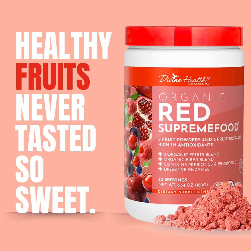 Dr. Colbert, MD Organic Red Supremefood | Berry Flavored Blend | by Divine Health | 10 Organic Fruits | Probiotics | Enzymes | Herbs | Fiber | Antioxidants | Non-GMO | 30 Day Supply | 180g - TrustMedUSA