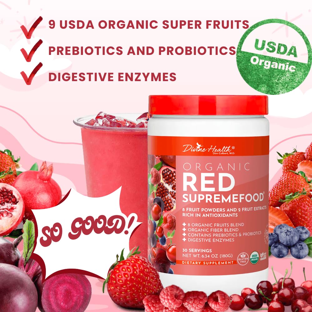Dr. Colbert, MD Organic Red Supremefood | Berry Flavored Blend | by Divine Health | 10 Organic Fruits | Probiotics | Enzymes | Herbs | Fiber | Antioxidants | Non-GMO | 30 Day Supply | 180g - TrustMedUSA
