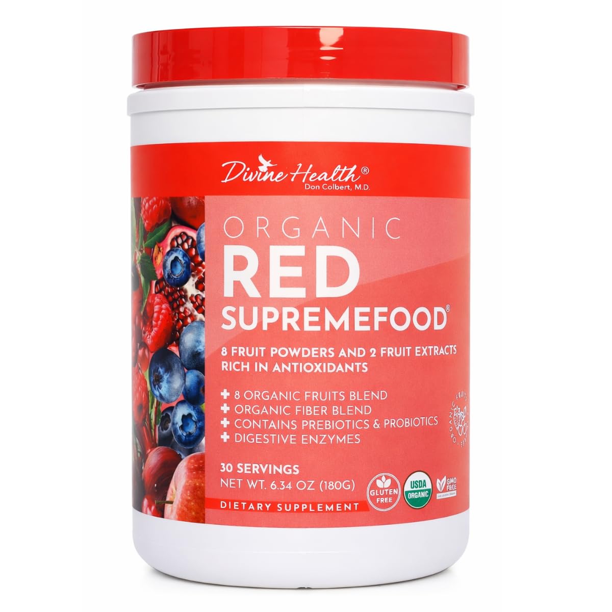 Dr. Colbert, MD Organic Red Supremefood | Berry Flavored Blend | by Divine Health | 10 Organic Fruits | Probiotics | Enzymes | Herbs | Fiber | Antioxidants | Non-GMO | 30 Day Supply | 180g - TrustMedUSA