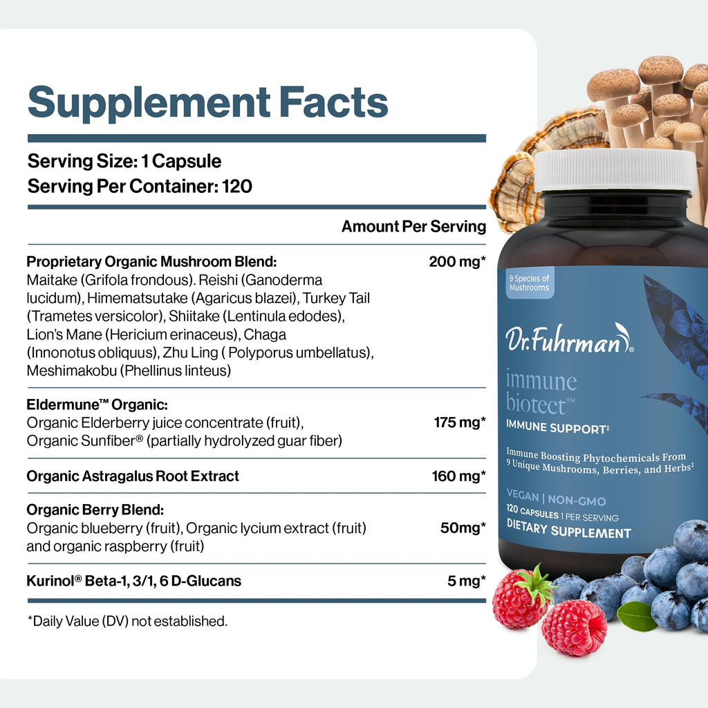 Dr. Fuhrman All Natural Immune Support Supplement | Whole-Food Derived Vitamin for Immunity Defense | Organic Mushrooms, & Berries | Organic Lion’s Mane, Maitake, Reishi, and Elderberry | 120 Caps - TrustMedUSA