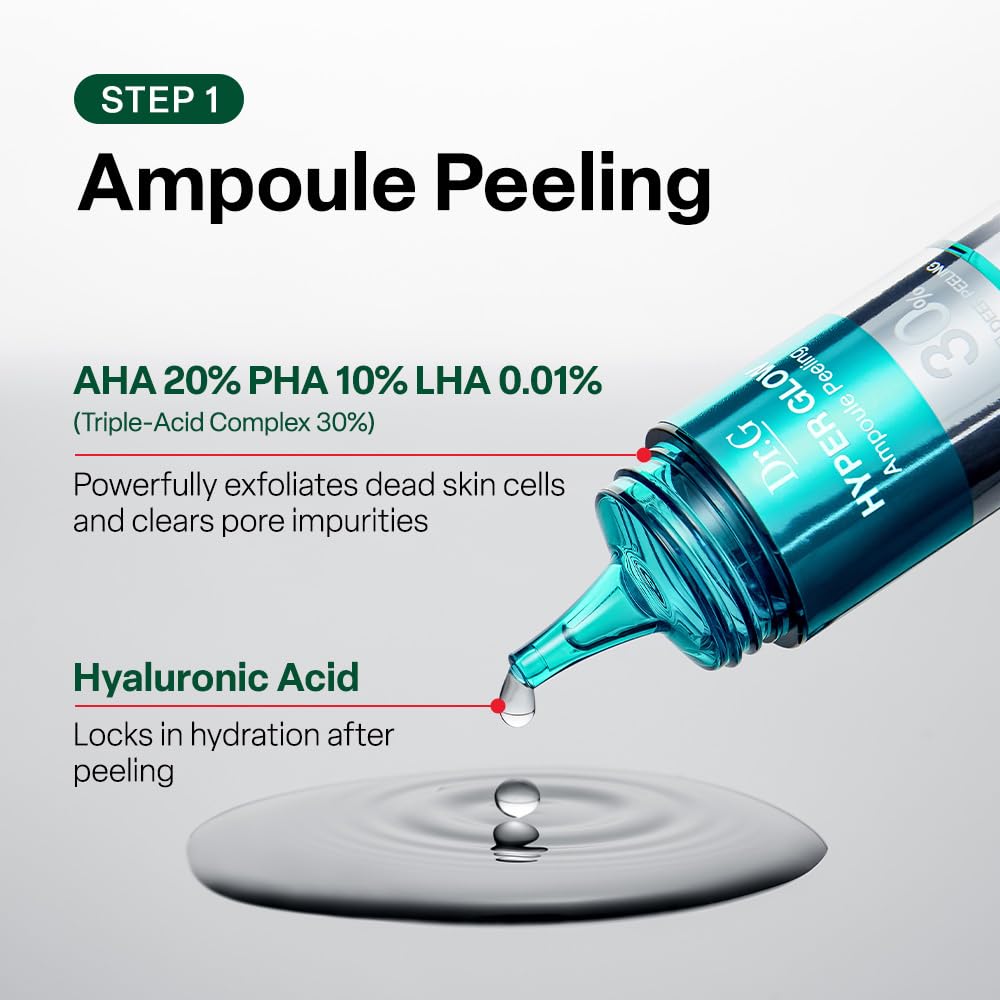 Dr. G Hyper Glow Ampoule Peeling 2-Step System - Removes Dead Skin - Instant Hydration - Korean Skin Care - Comes with Hyper Glow Ampoule Peeling Serum 30% (15 mL) & Soothing Pad (4 Pack) - Maple Wellness Supplements