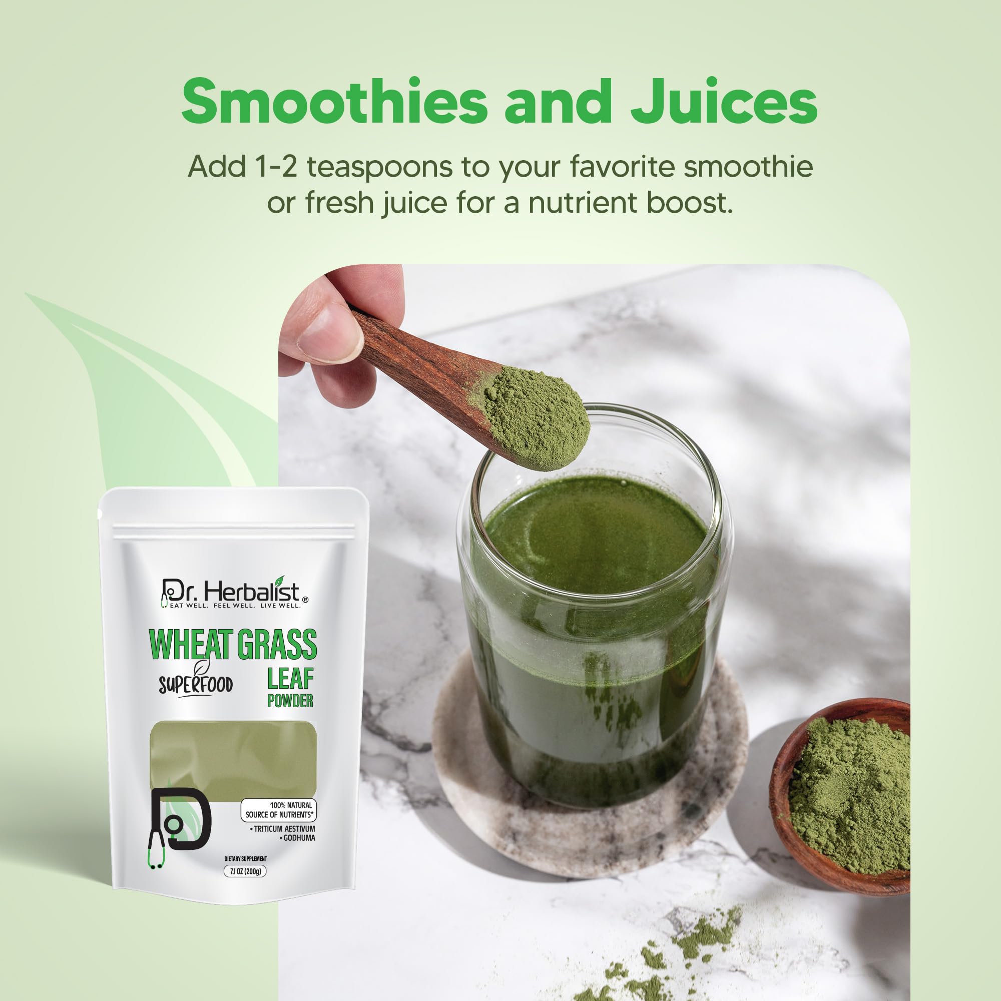 Dr. HERBALIST Wheatgrass Powder 200g - Pure Triticum Aestivum with Chlorophyll Iron & Vitamins A C E | Supports Daily Greens Detox & Nutrient Density* | Halal - TrustMedUSA