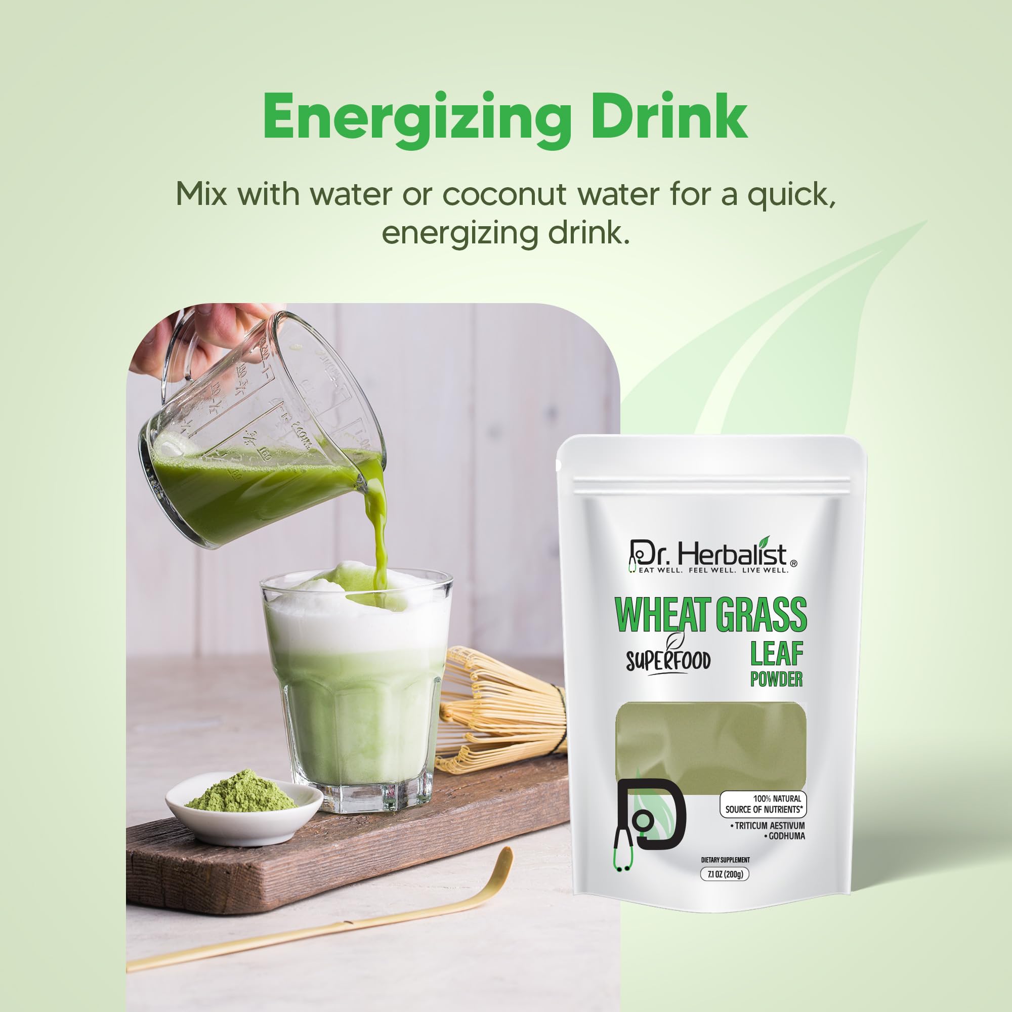 Dr. HERBALIST Wheatgrass Powder 200g - Pure Triticum Aestivum with Chlorophyll Iron & Vitamins A C E | Supports Daily Greens Detox & Nutrient Density* | Halal - TrustMedUSA
