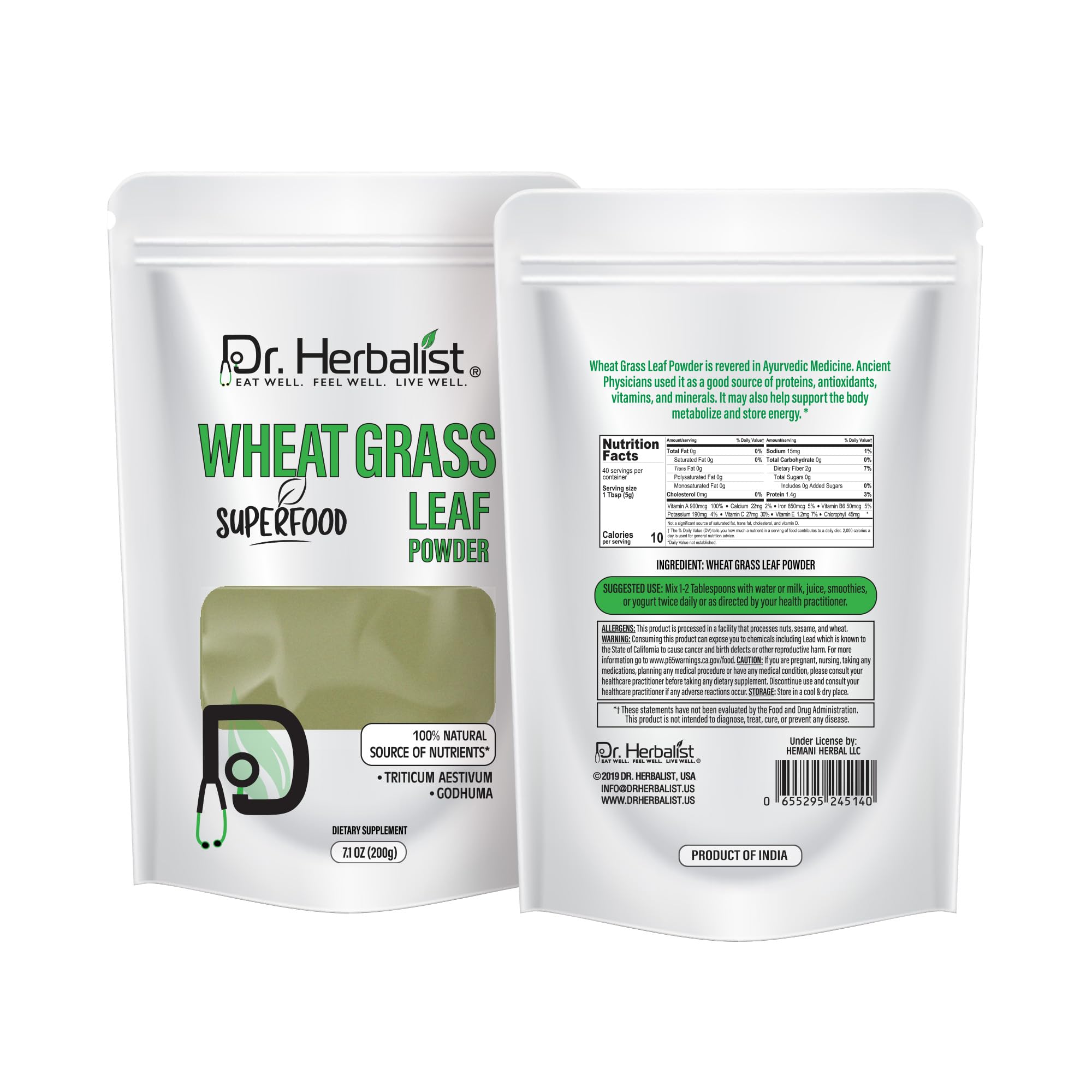 Dr. HERBALIST Wheatgrass Powder 200g - Pure Triticum Aestivum with Chlorophyll Iron & Vitamins A C E | Supports Daily Greens Detox & Nutrient Density* | Halal - TrustMedUSA
