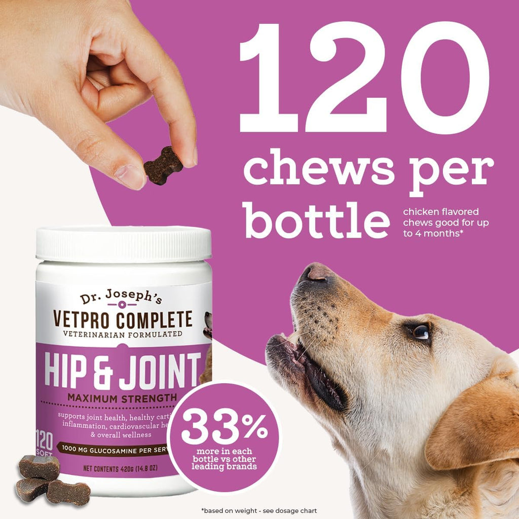 Dr. Joseph's VetPro Complete Dog Hip & Joint Supplement for Arthritis Pain Relief – High-Strength Glucosamine & Chondroitin Chews for Senior Dogs – Vet Formulated Daily Treats, Chicken Flavor, 120 Ct - TrustMedUSA