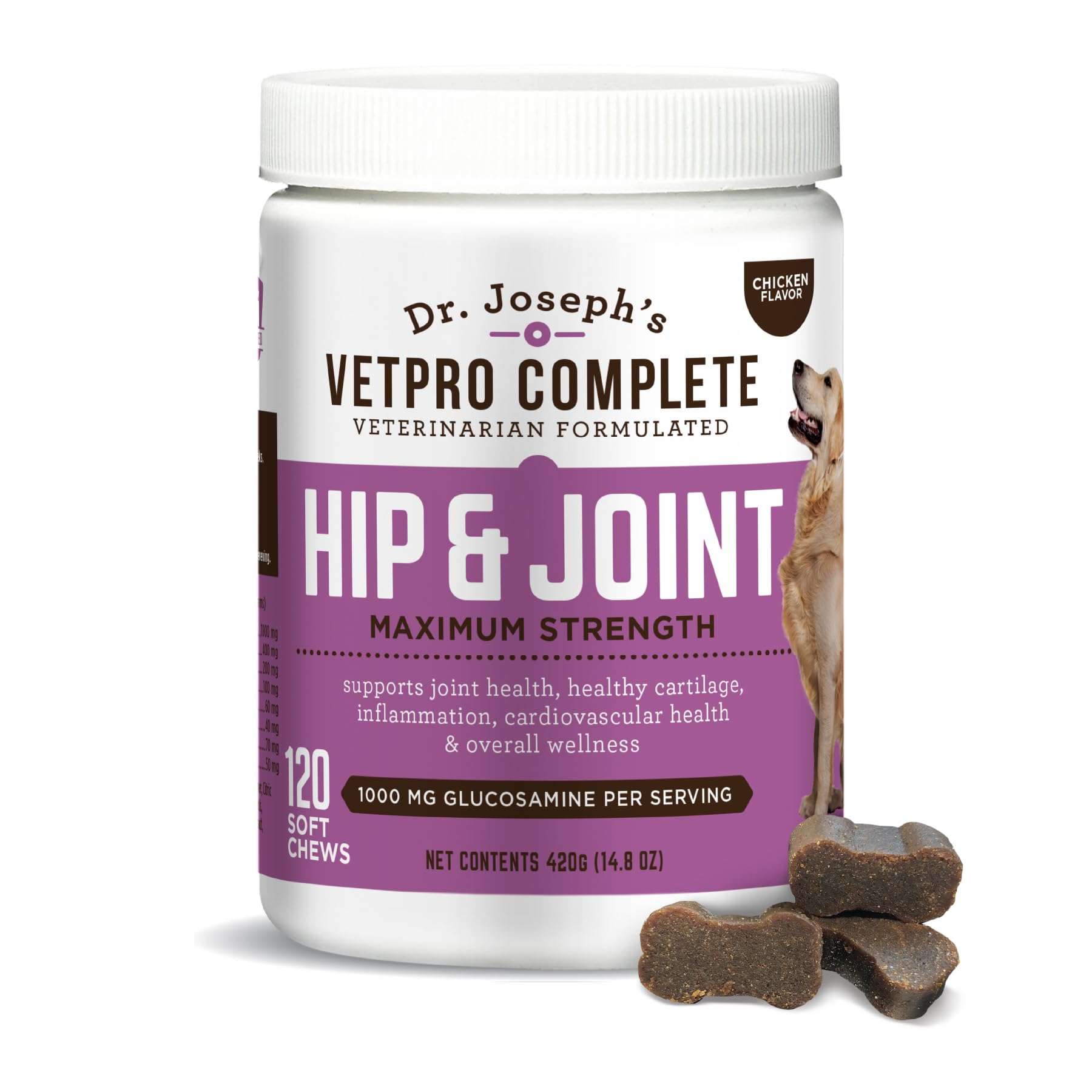 Dr. Joseph's VetPro Complete Dog Hip & Joint Supplement for Arthritis Pain Relief – High-Strength Glucosamine & Chondroitin Chews for Senior Dogs – Vet Formulated Daily Treats, Chicken Flavor, 120 Ct - TrustMedUSA