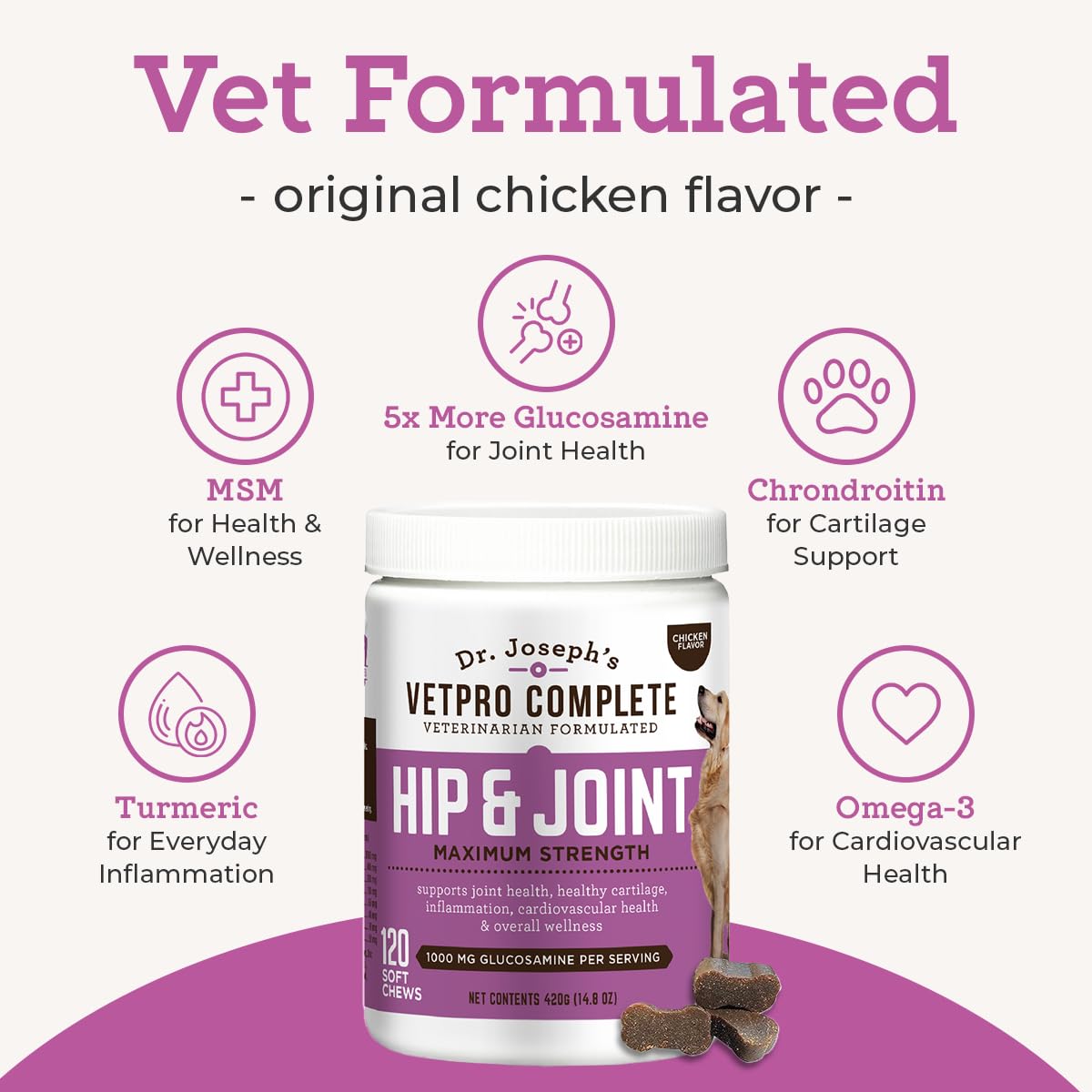 Dr. Joseph's VetPro Complete Dog Hip & Joint Supplement for Arthritis Pain Relief – High-Strength Glucosamine & Chondroitin Chews for Senior Dogs – Vet Formulated Daily Treats, Chicken Flavor, 120 Ct - TrustMedUSA