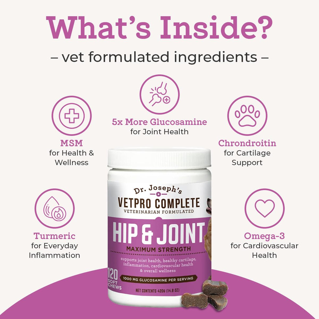 Dr. Joseph's VetPro Complete Dog Hip & Joint Supplement for Arthritis Pain Relief – High-Strength Glucosamine & Chondroitin Chews for Senior Dogs – Vet Formulated Daily Treats, Chicken Flavor, 60 Ct - TrustMedUSA