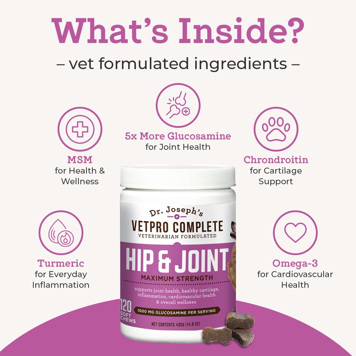Dr. Joseph's VetPro Complete Dog Hip & Joint Supplement for Arthritis Pain Relief – High-Strength Glucosamine & Chondroitin Chews for Senior Dogs – Vet Formulated Daily Treats, Chicken Flavor, 60 Ct - TrustMedUSA