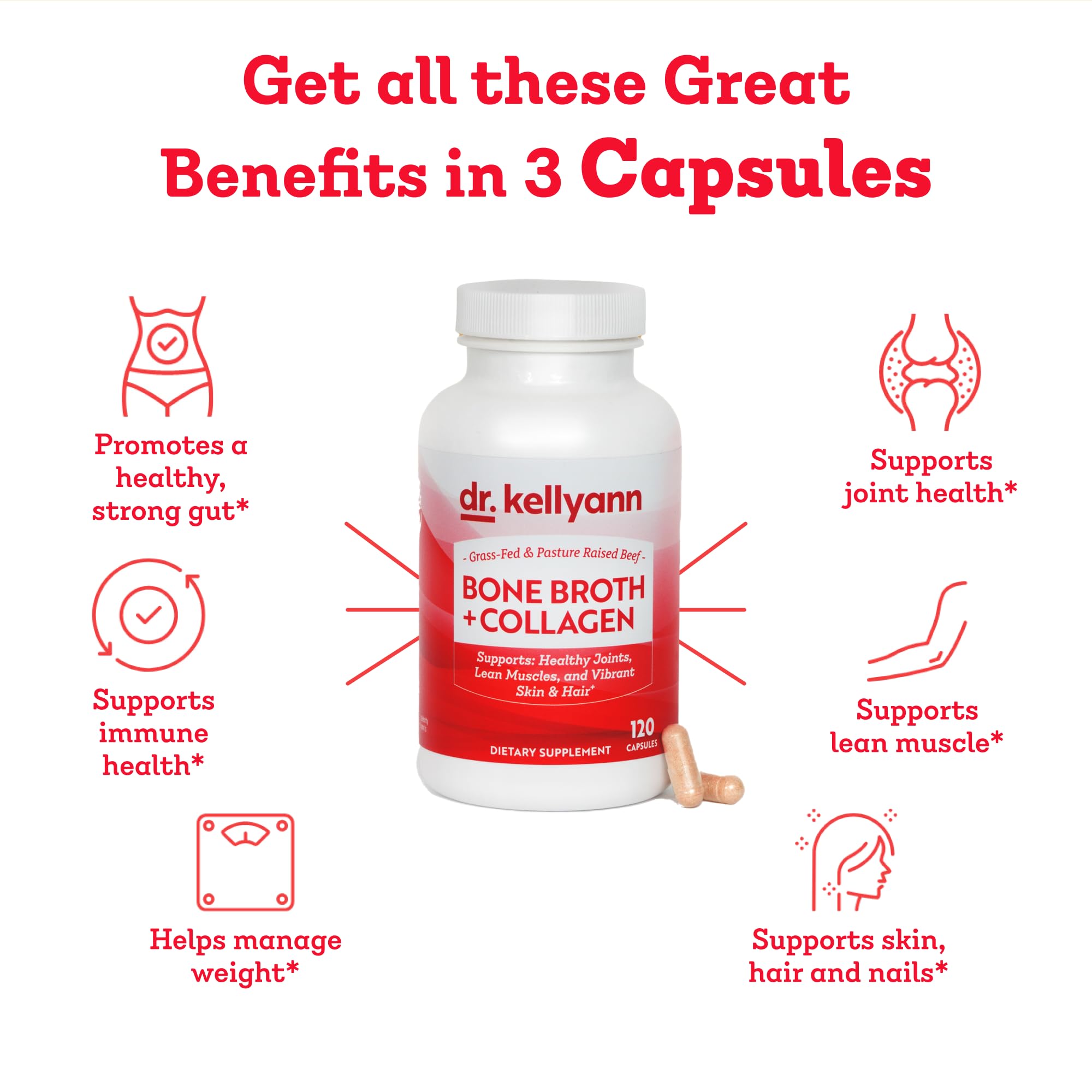Dr. Kellyann Bone Broth Capsules | 500mg Collagen Per Serving | Supports Gut Health | Joint & Cartilage Repair | Skin Hair Nails | Fasting Support | Grass-Fed Beef | Digestive Wellness | 40 Servings - Maple Wellness Supplements