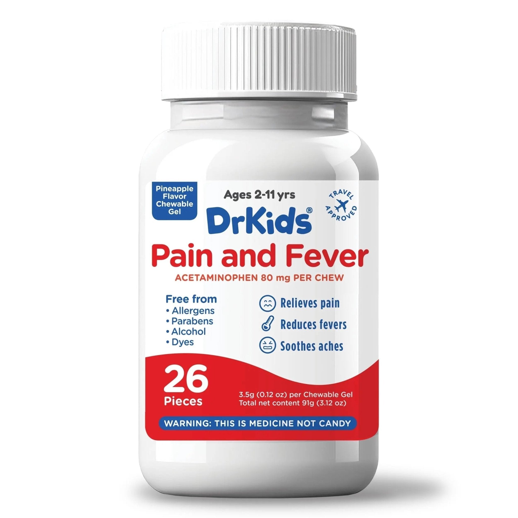 Dr. Kids Children’s Pain and Fever Chewable Gels – Pain Relief and Fever Reducer for Kids Ages 2–11, 80 mg Chewable Acetaminophen for Headache, Sore Throat, Cold & Flu, Pineapple Flavor, 26 Count - TrustMedUSA