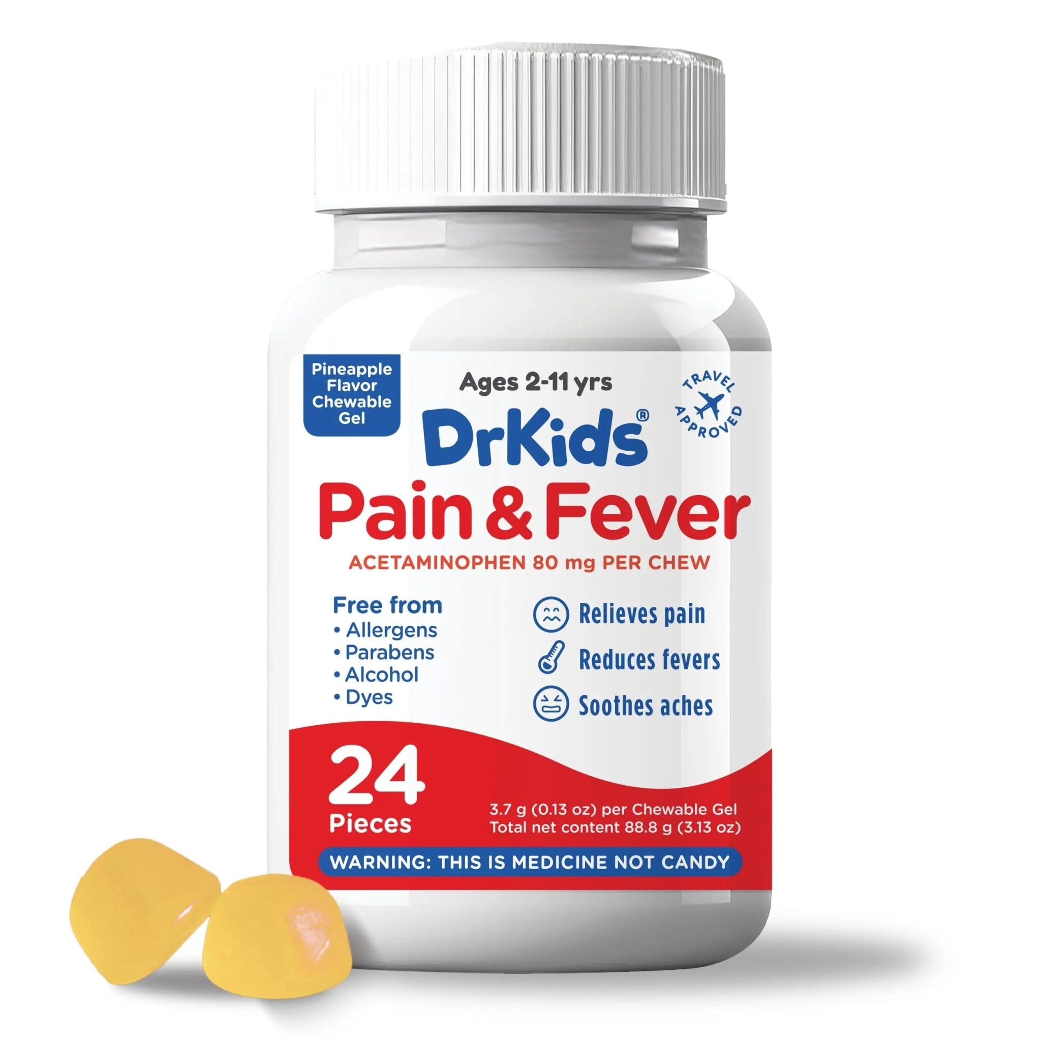 Dr. Kids Children’s Pain and Fever Chewable Gels – Pain Relief and Fever Reducer for Kids Ages 2–11, 80 mg Chewable Acetaminophen for Headache, Sore Throat, Cold & Flu, Pineapple Flavor, 24 Count - TrustMedUSA