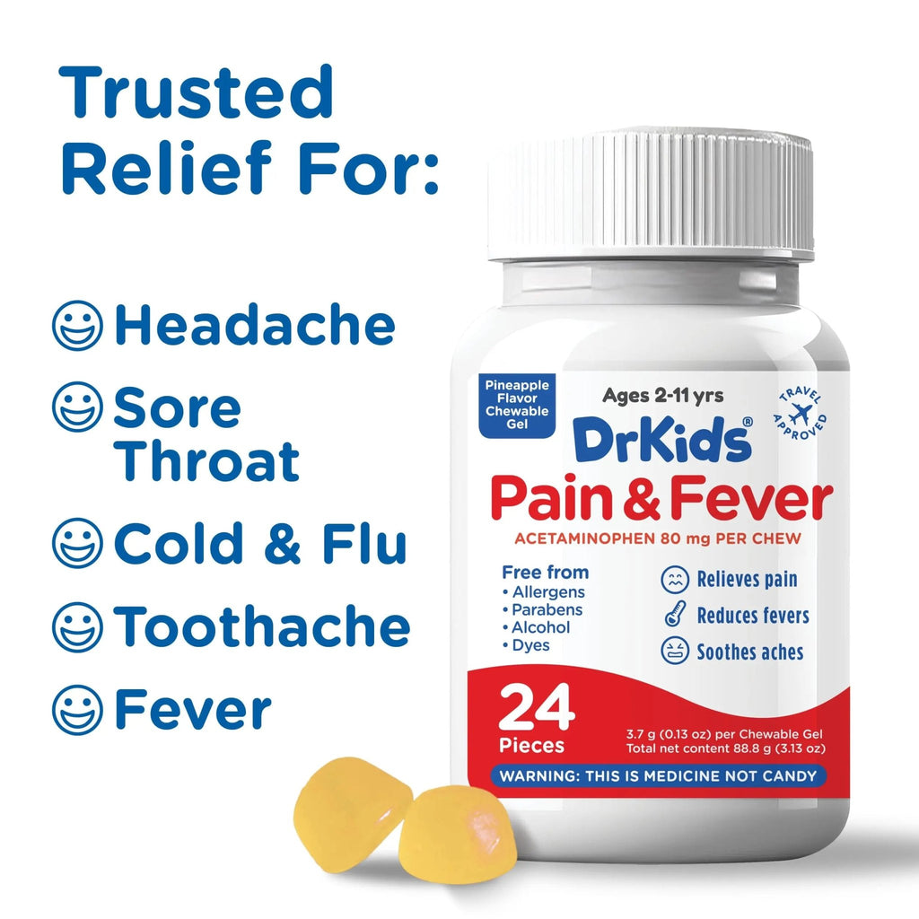 Dr. Kids Children’s Pain and Fever Chewable Gels – Pain Relief and Fever Reducer for Kids Ages 2–11, 80 mg Chewable Acetaminophen for Headache, Sore Throat, Cold & Flu, Pineapple Flavor, 24 Count - TrustMedUSA