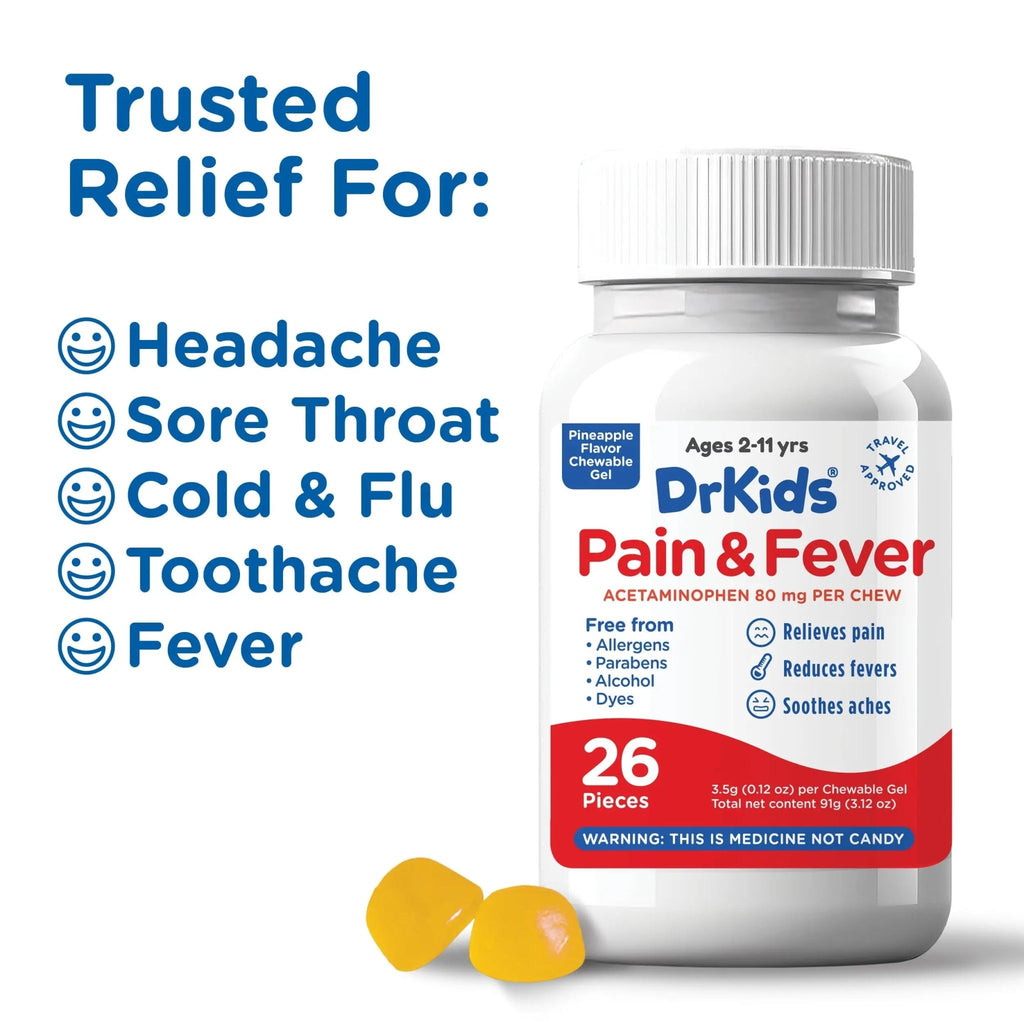 Dr. Kids Children’s Pain and Fever Chewable Gels – Pain Relief and Fever Reducer for Kids Ages 2–11, 80 mg Chewable Acetaminophen for Headache, Sore Throat, Cold & Flu, Pineapple Flavor, 26 Count - TrustMedUSA