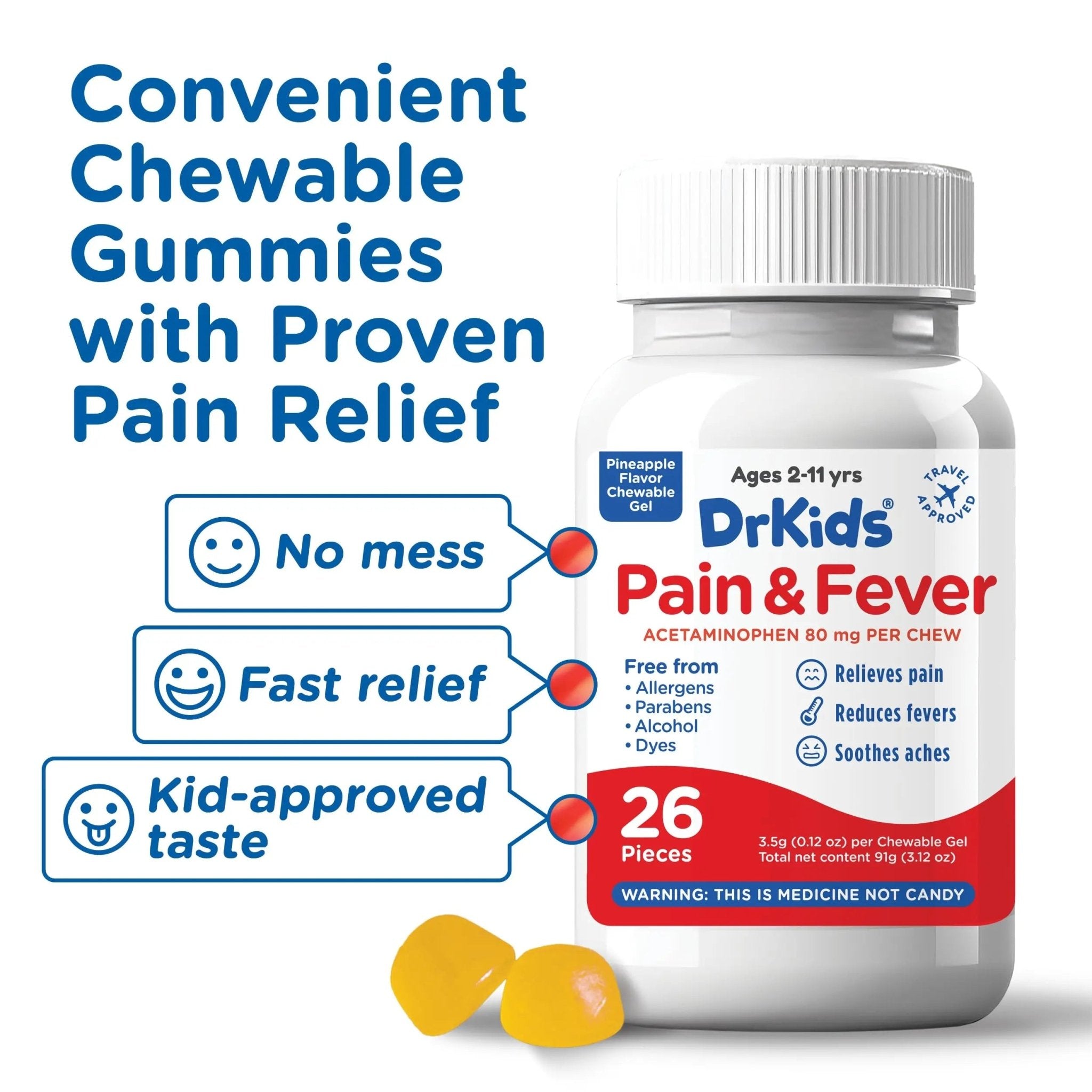 Dr. Kids Children’s Pain and Fever Chewable Gels – Pain Relief and Fever Reducer for Kids Ages 2–11, 80 mg Chewable Acetaminophen for Headache, Sore Throat, Cold & Flu, Pineapple Flavor, 26 Count - TrustMedUSA