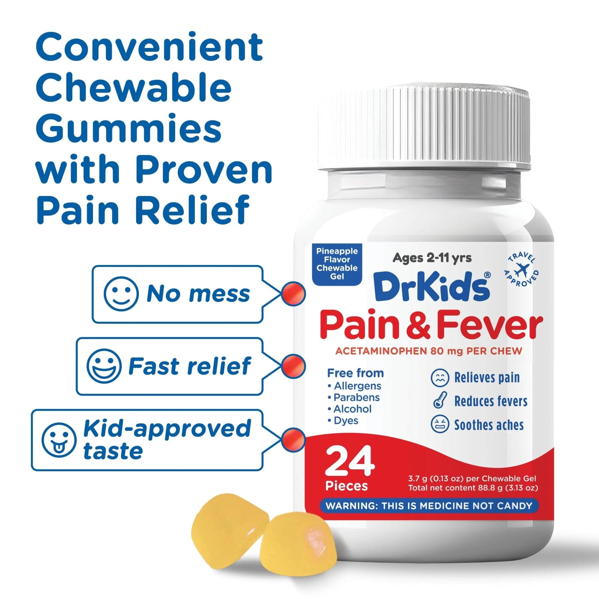 Dr. Kids Children’s Pain and Fever Chewable Gels – Pain Relief and Fever Reducer for Kids Ages 2–11, 80 mg Chewable Acetaminophen for Headache, Sore Throat, Cold & Flu, Pineapple Flavor, 24 Count - TrustMedUSA