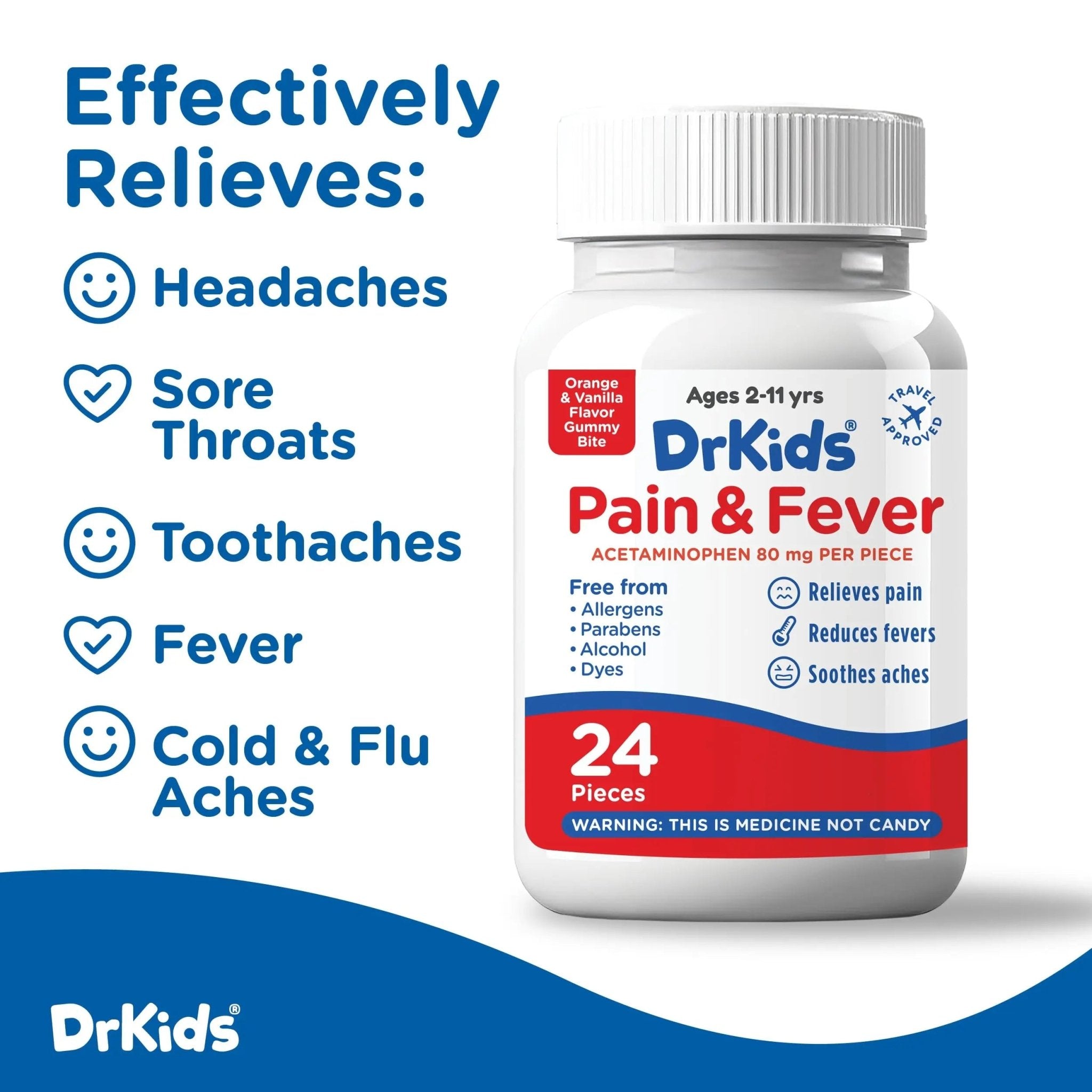 Dr. Kids Children’s Pain and Fever Gummy Bite - Chewable Acetaminophen for Kids Ages 2-11, Pre-Measured Soft Chews for Headache, Sore Throat, Cold and Flu, Orange Vanilla Flavor, 24 Count - TrustMedUSA