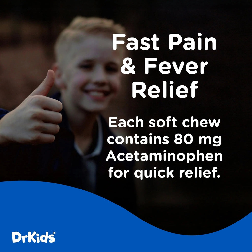 Dr. Kids Children’s Pain and Fever Gummy Bite - Chewable Acetaminophen for Kids Ages 2-11, Pre-Measured Soft Chews for Headache, Sore Throat, Cold and Flu, Orange Vanilla Flavor, 24 Count - TrustMedUSA