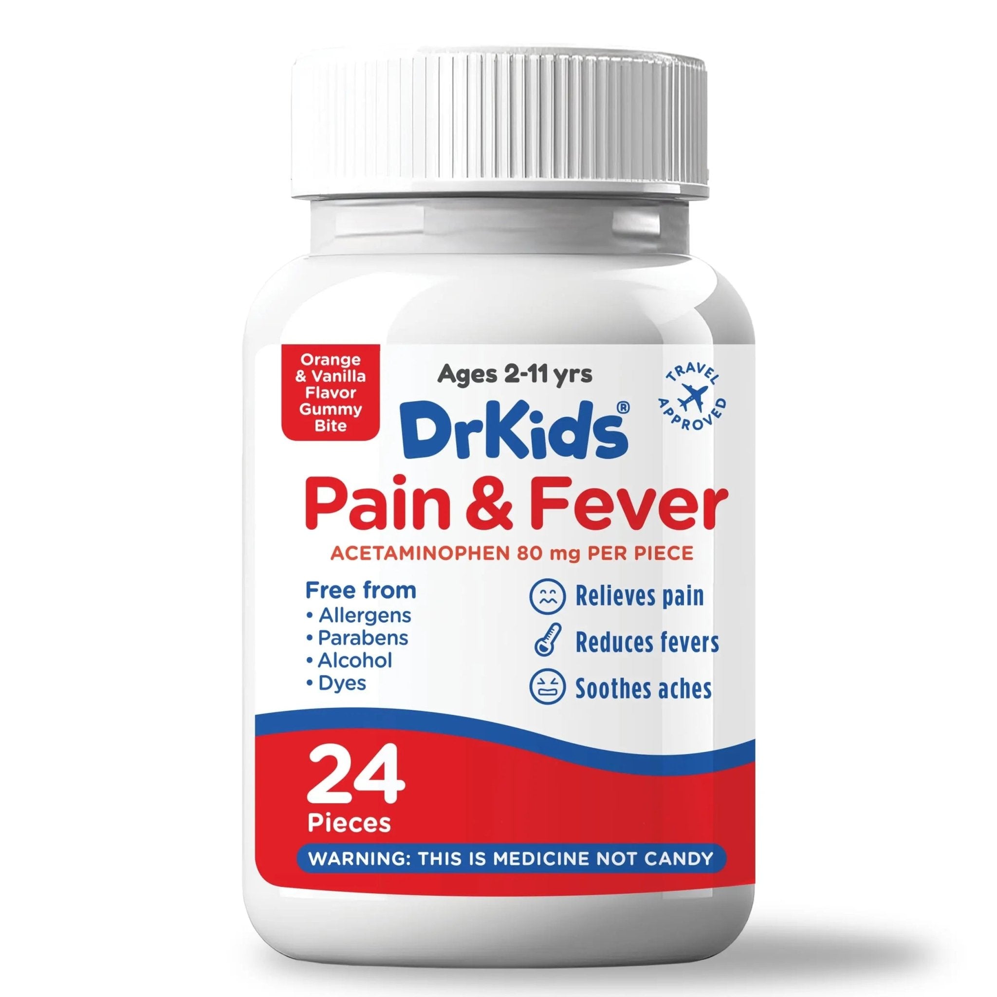 Dr. Kids Children’s Pain and Fever Gummy Bite - Chewable Acetaminophen for Kids Ages 2-11, Pre-Measured Soft Chews for Headache, Sore Throat, Cold and Flu, Orange Vanilla Flavor, 24 Count - TrustMedUSA