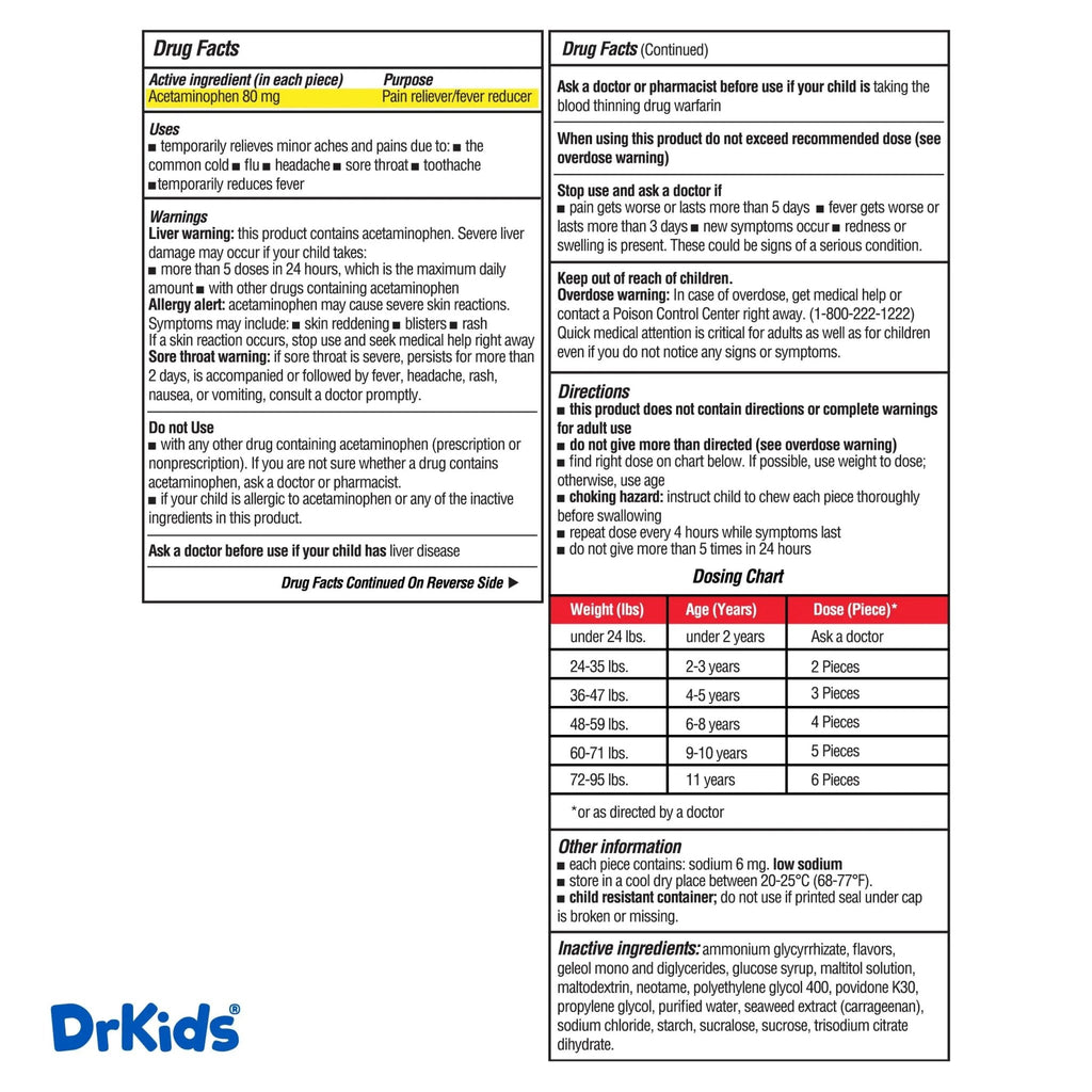 Dr. Kids Children’s Pain and Fever Gummy Bite - Chewable Acetaminophen for Kids Ages 2-11, Pre-Measured Soft Chews for Headache, Sore Throat, Cold and Flu, Orange Vanilla Flavor, 24 Count - TrustMedUSA