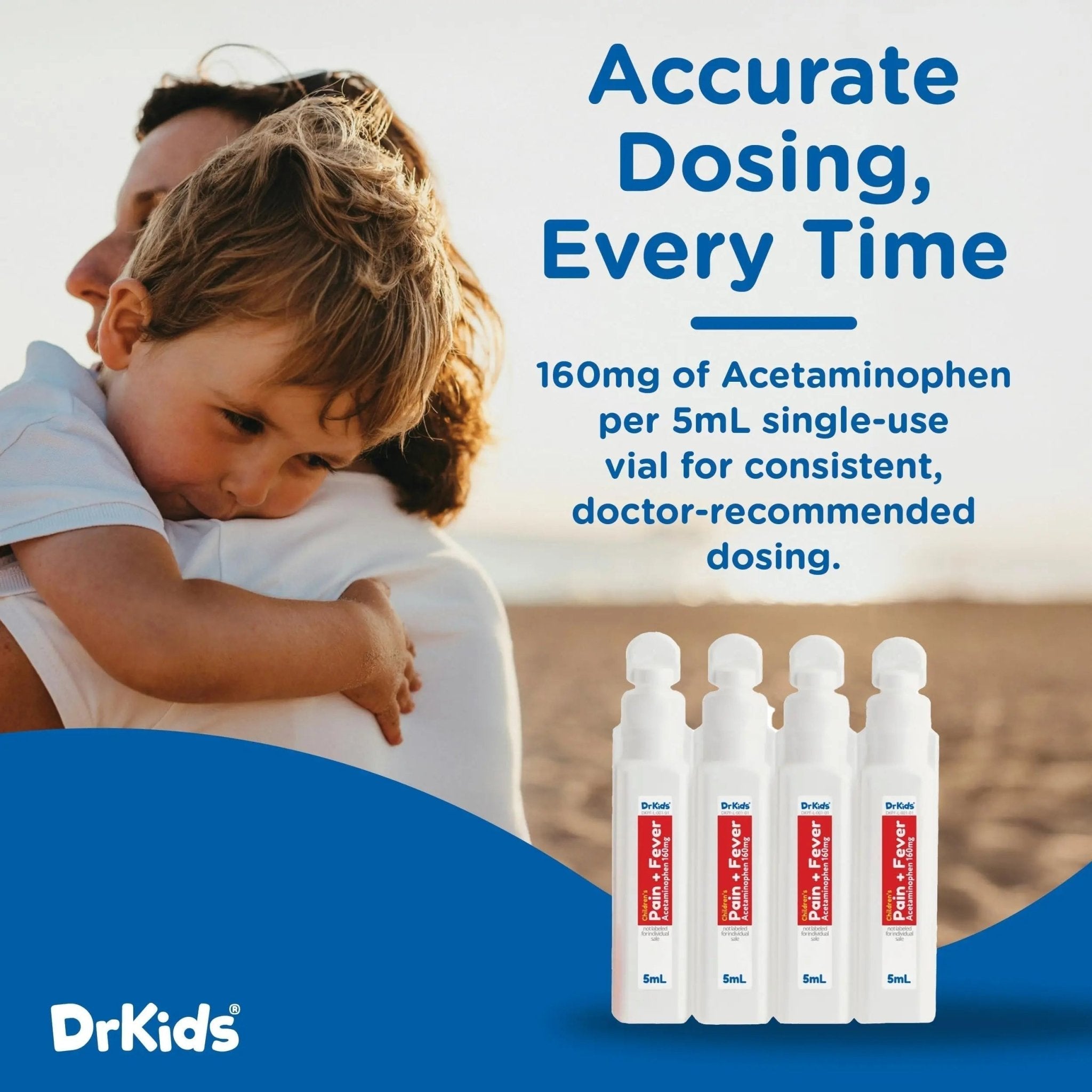 Dr. Kids Children’s Pain and Fever Medicine - Acetaminophen for Kids Ages 2-11, Pre-Measured Single-Use Vials for Headache, Sore Throat, Cold and Flu, Cherry Flavor, 20 Count - TrustMedUSA