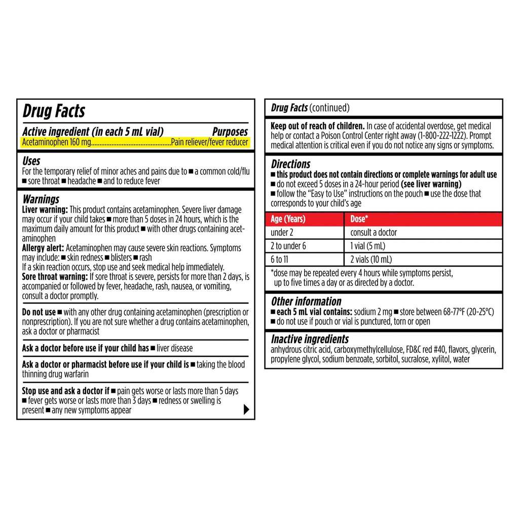 Dr. Kids Children’s Pain and Fever Medicine - Acetaminophen for Kids Ages 2-11, Pre-Measured Single-Use Vials for Headache, Sore Throat, Cold and Flu, Cherry Flavor, 20 Count - TrustMedUSA