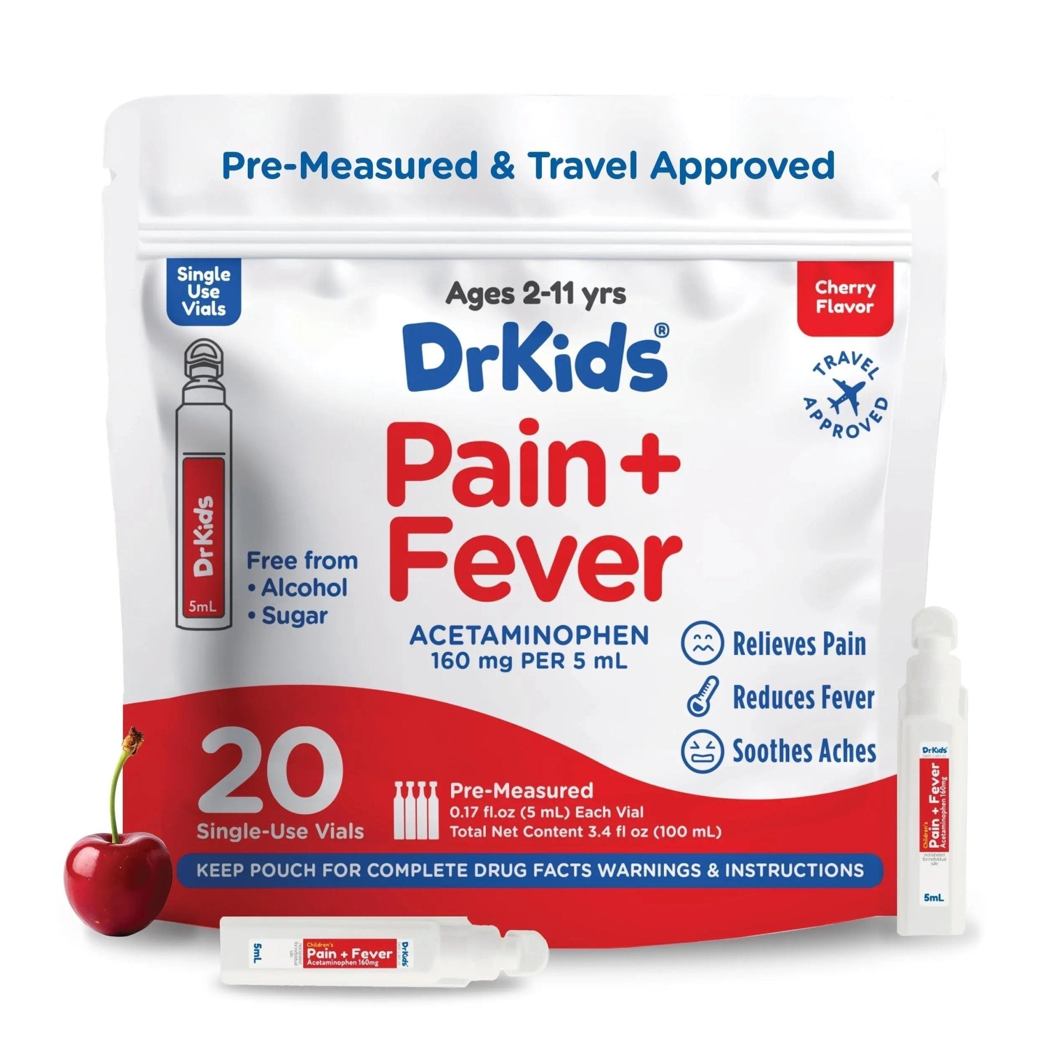 Dr. Kids Children’s Pain and Fever Medicine - Acetaminophen for Kids Ages 2-11, Pre-Measured Single-Use Vials for Headache, Sore Throat, Cold and Flu, Cherry Flavor, 20 Count - TrustMedUSA