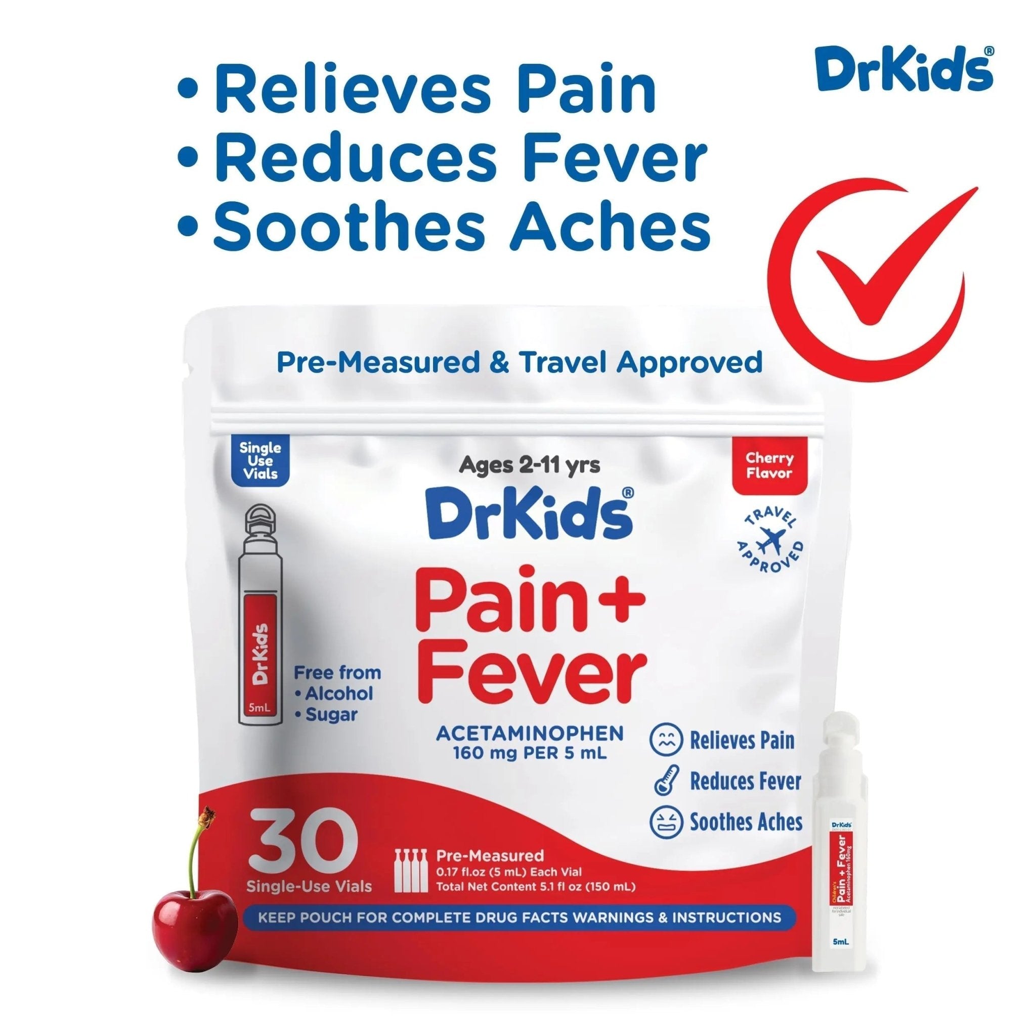 Dr. Kids Children’s Pain and Fever Medicine - Acetaminophen for Kids Ages 2-11, Pre-Measured Single-Use Vials for Headache, Sore Throat, Cold and Flu, Cherry Flavor, 30 Count - TrustMedUSA